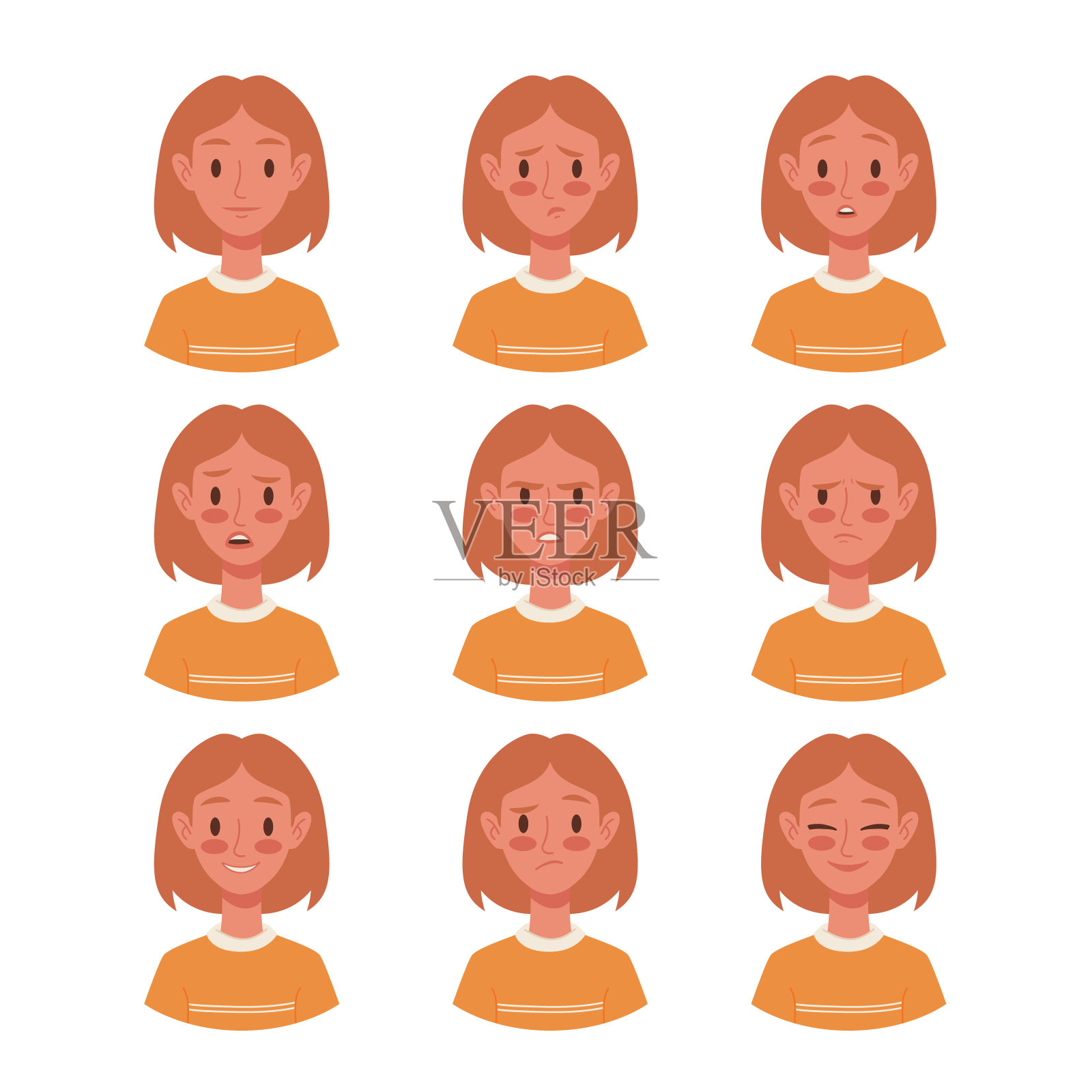 年轻女子不同的情绪。生气时，微笑;难过时，惊讶时，不开心时。一组女孩的表情。各种表情，心情变化。《阿凡达》女孩emoji。动画平面人物设计插画图片素材