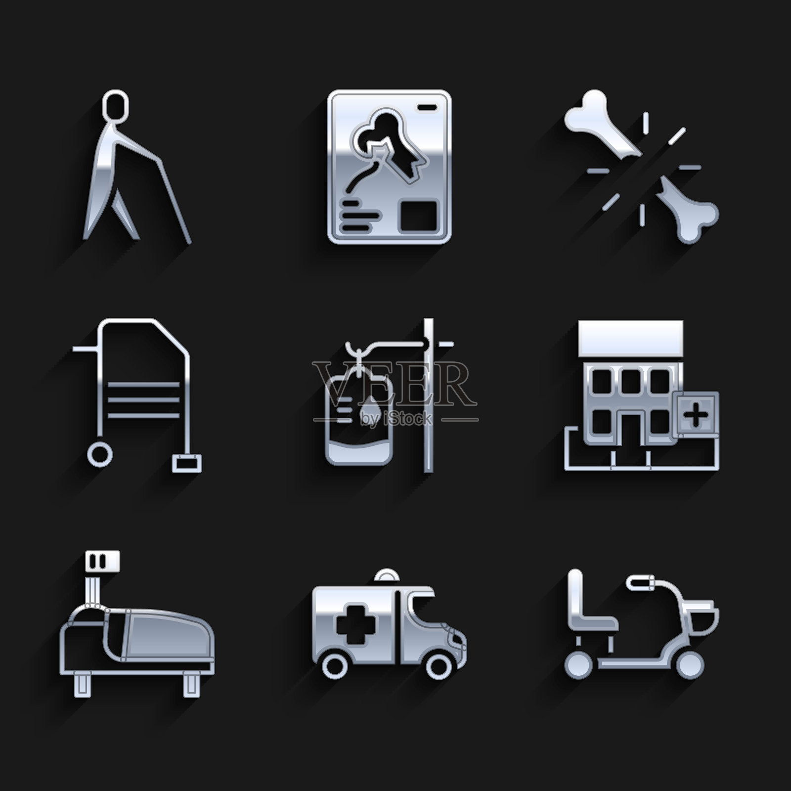 配备输液袋、急救车、电动轮椅、医院大楼、医院病床、助行器、骨折人、盲人手持拐杖图标。向量图标素材