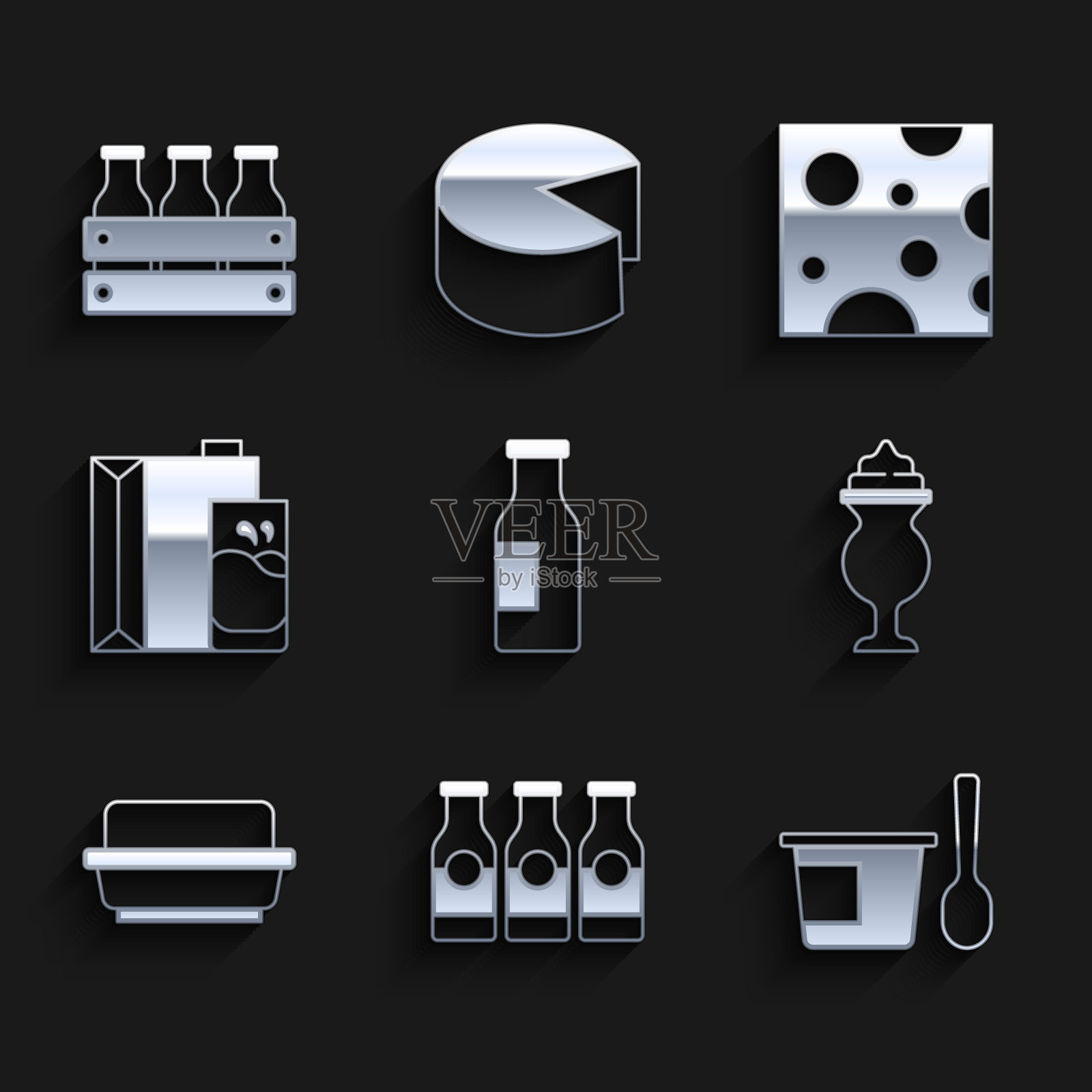 设置牛奶瓶，酸奶容器勺子，奶昔，黄油黄油碟，纸包装，奶酪和瓶装木盒图标。向量图标素材