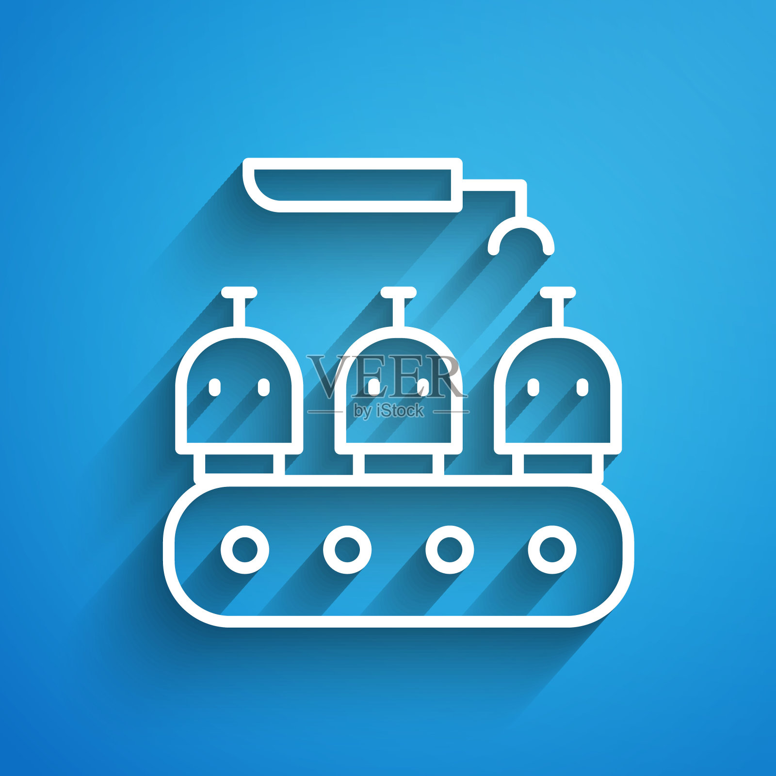 白线机械臂装配线机械制造工厂机器人操作员生产图标隔离在蓝色背景上。长长的阴影。向量插画图片素材