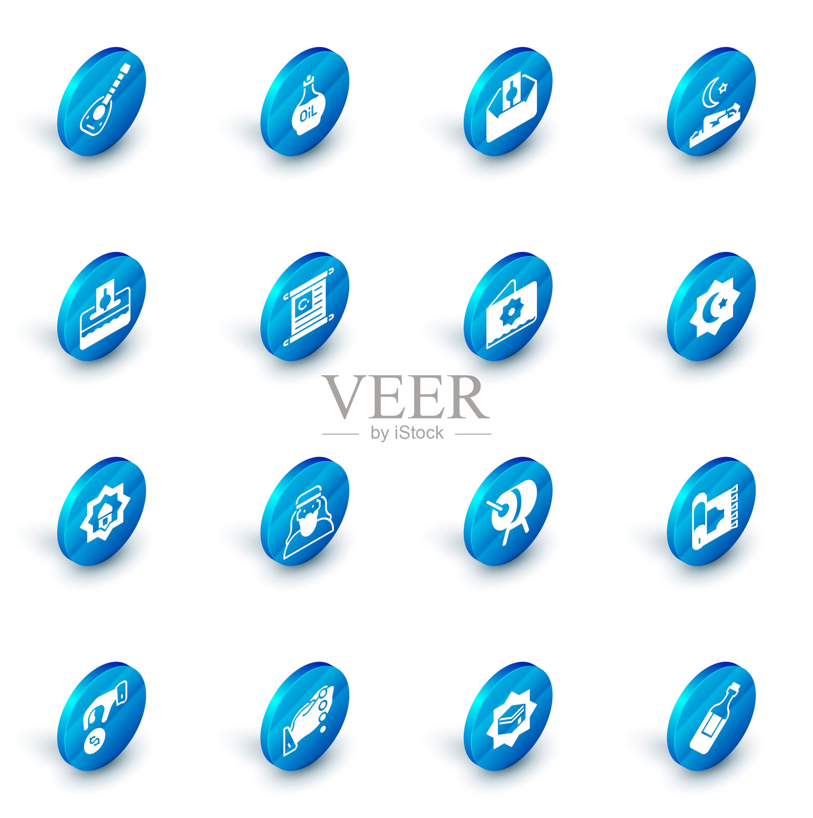 设置精油瓶，捐赠或支付你的天课，穆斯林祈祷，清真寺，可兰经的圣书，八角星和图标。向量图标素材