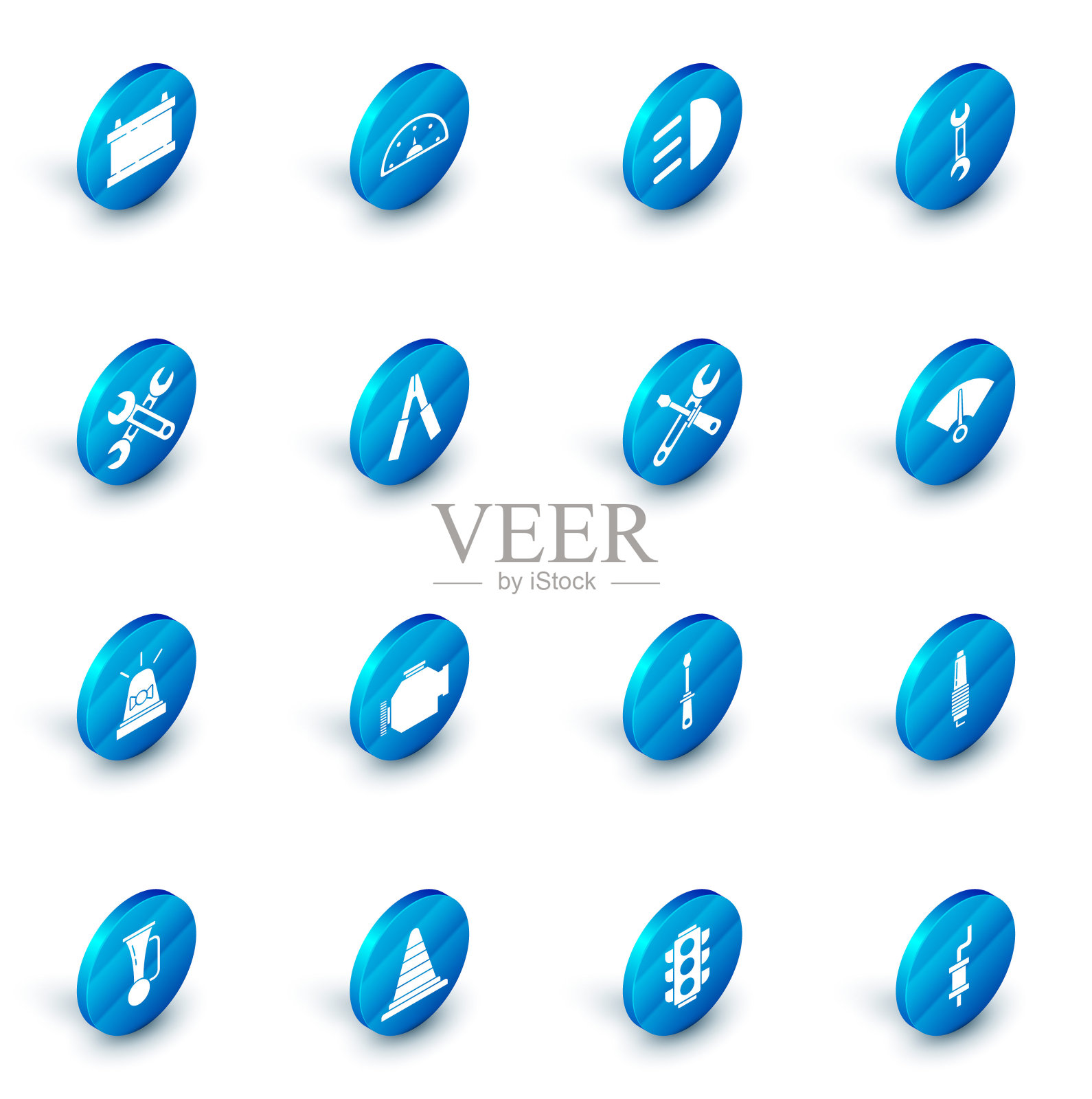 设置速度表，远光灯，扳手，闪灯警报器，汽车电池跨接电源线，螺丝刀和扳手工具图标。向量图标素材