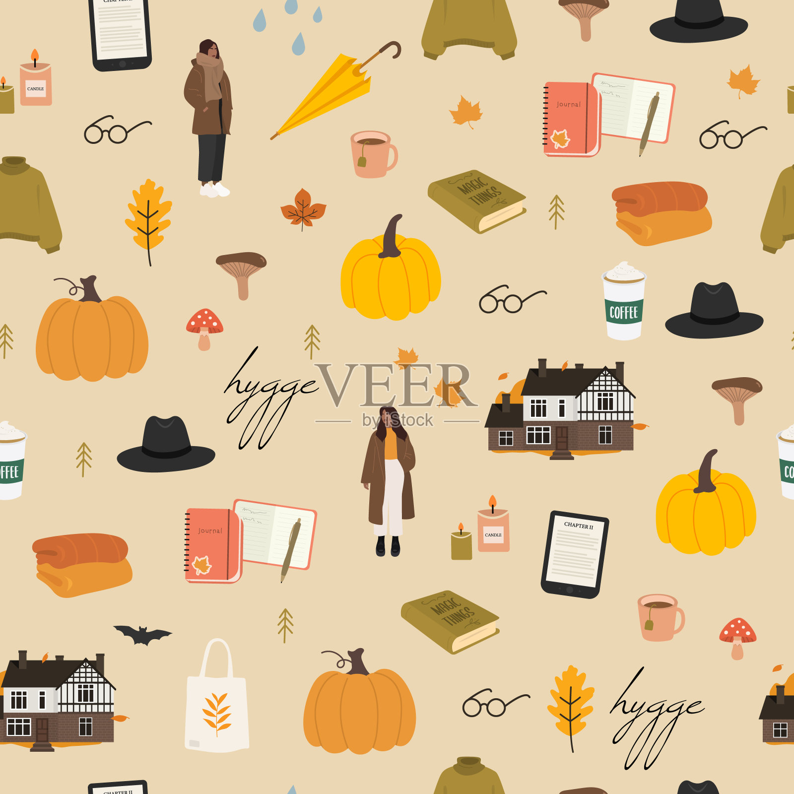 舒适的秋季无缝模式。可爱的背景。Hygge气氛。向量插画图片素材
