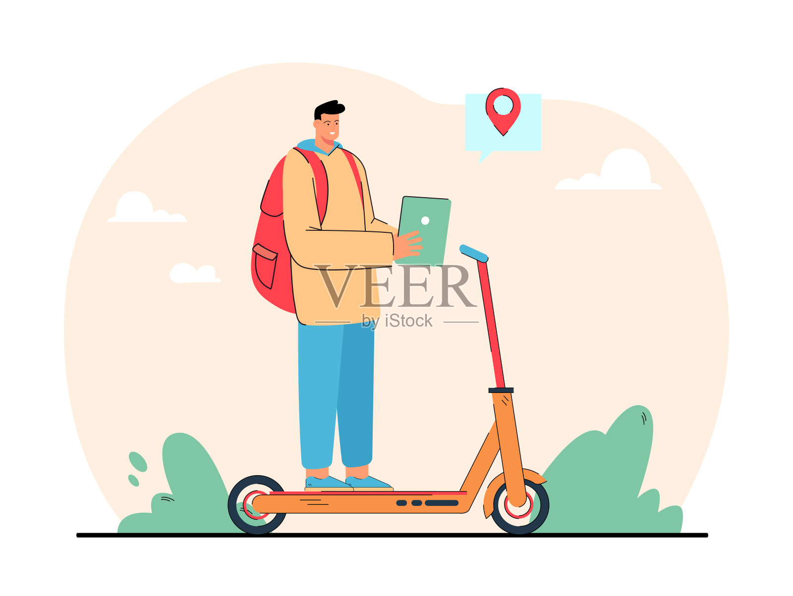 卡通人物骑着电动车去目的地设计模板素材