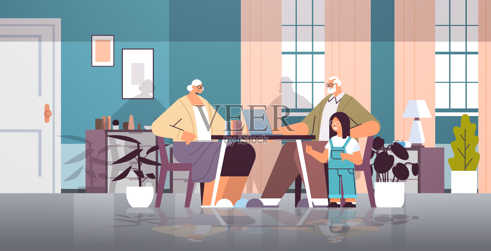 祖父母和孙女在用笔记本电脑插画图片素材