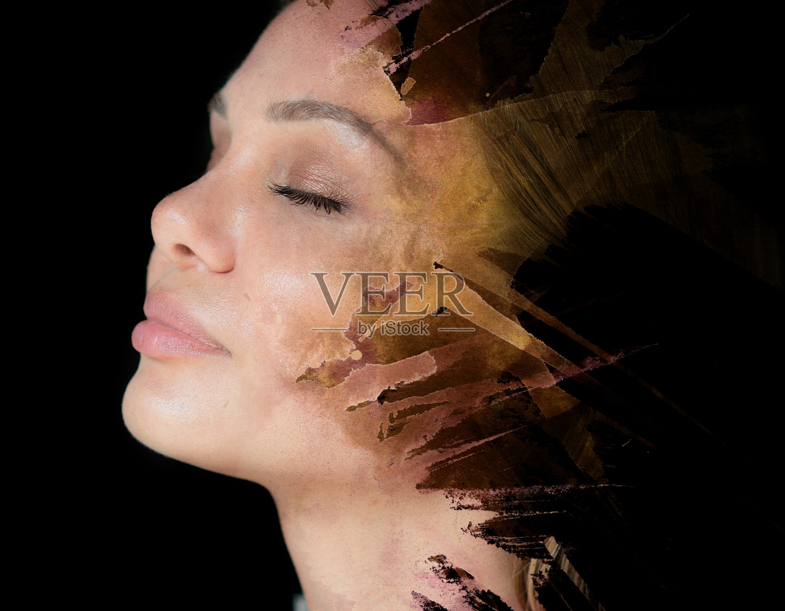 绘画摄影：创意水彩画与肖像的混合照片摄影图片