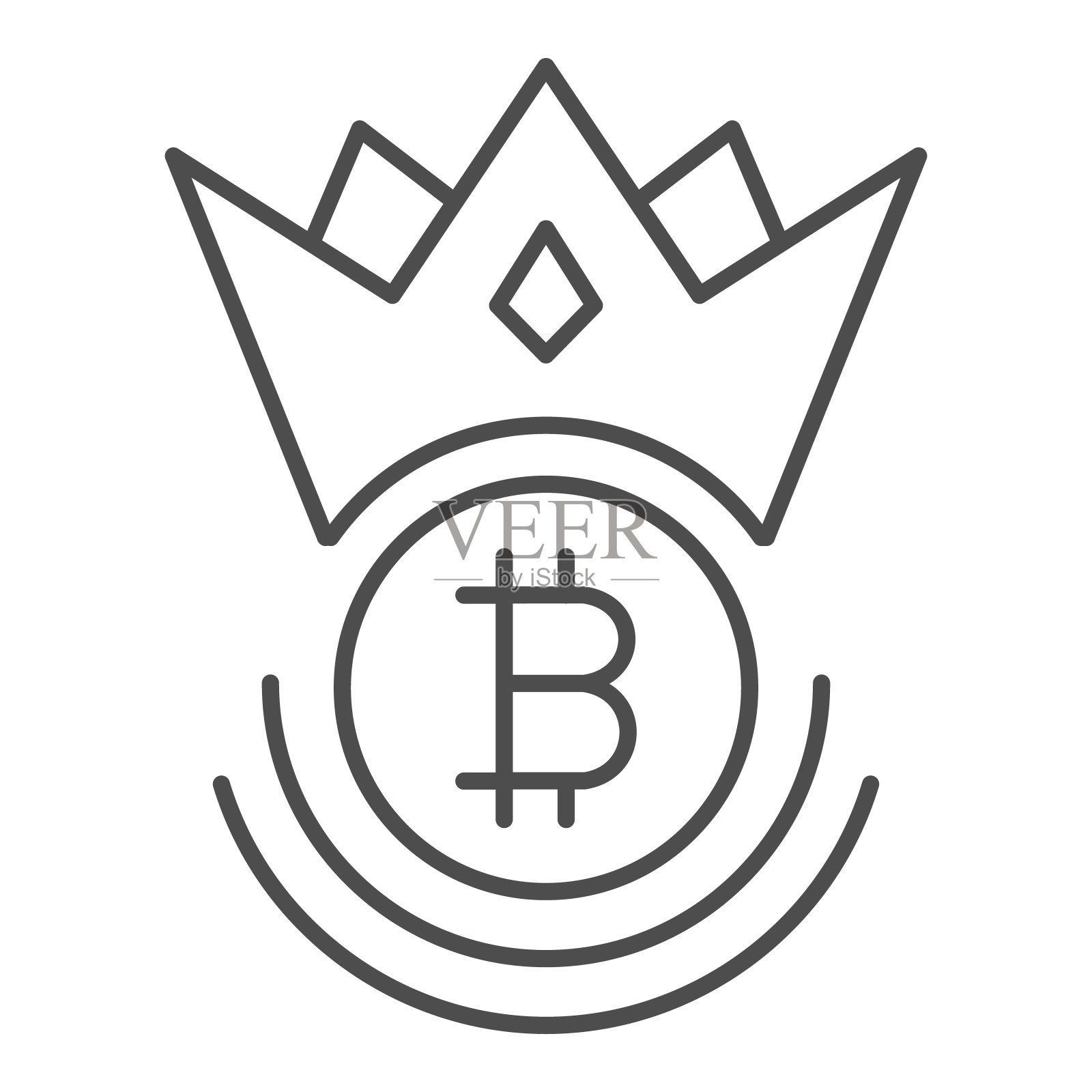 皇冠细线图标中的比特币徽章，加密货币概念，白色背景上的皇家BTC国王矢量标志，轮廓风格图标，用于移动概念和网页设计。矢量图形。插画图片素材