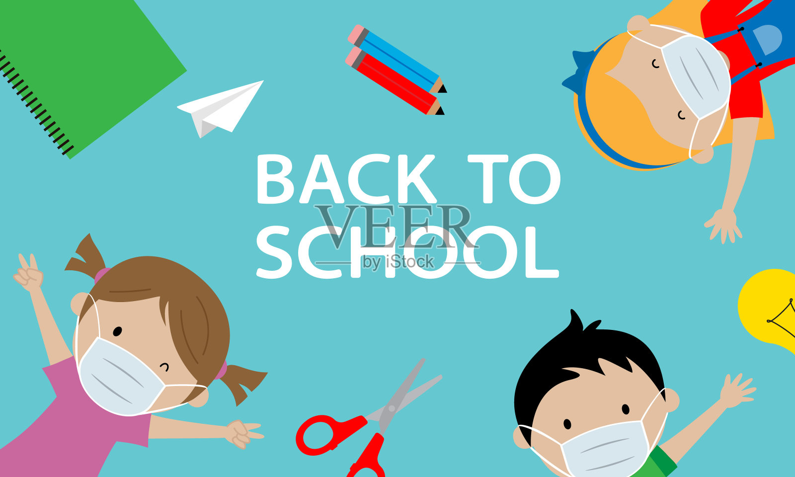 班纳回学校了。孩子们戴着口罩和学习用品插画图片素材