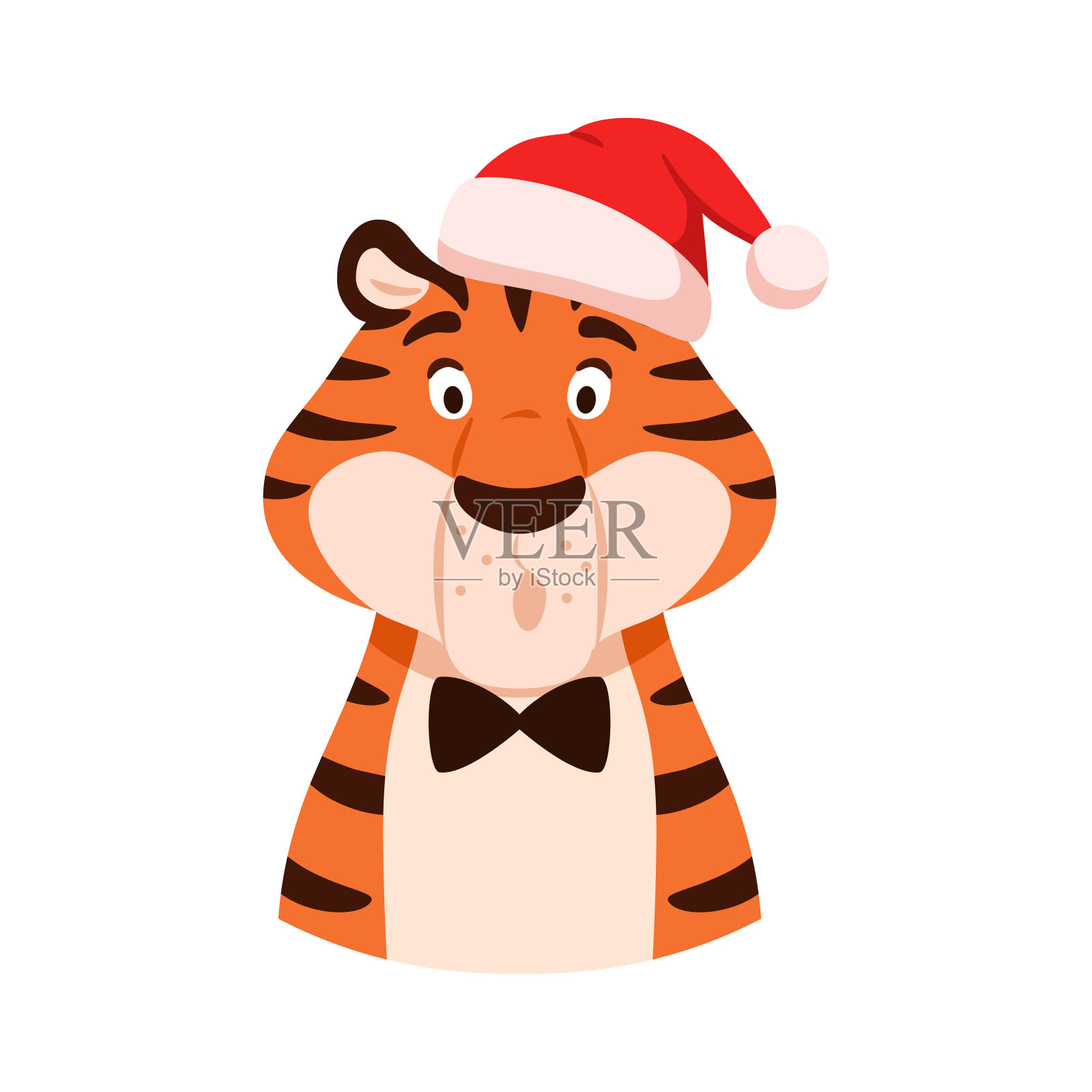 惊奇有趣的老虎在圣诞老人的肖像孤立在白色的背景。睁开眼睛的卡通条纹色快乐人物。可爱的中国新年象征。圣诞节假期平面矢量插图。插画图片素材