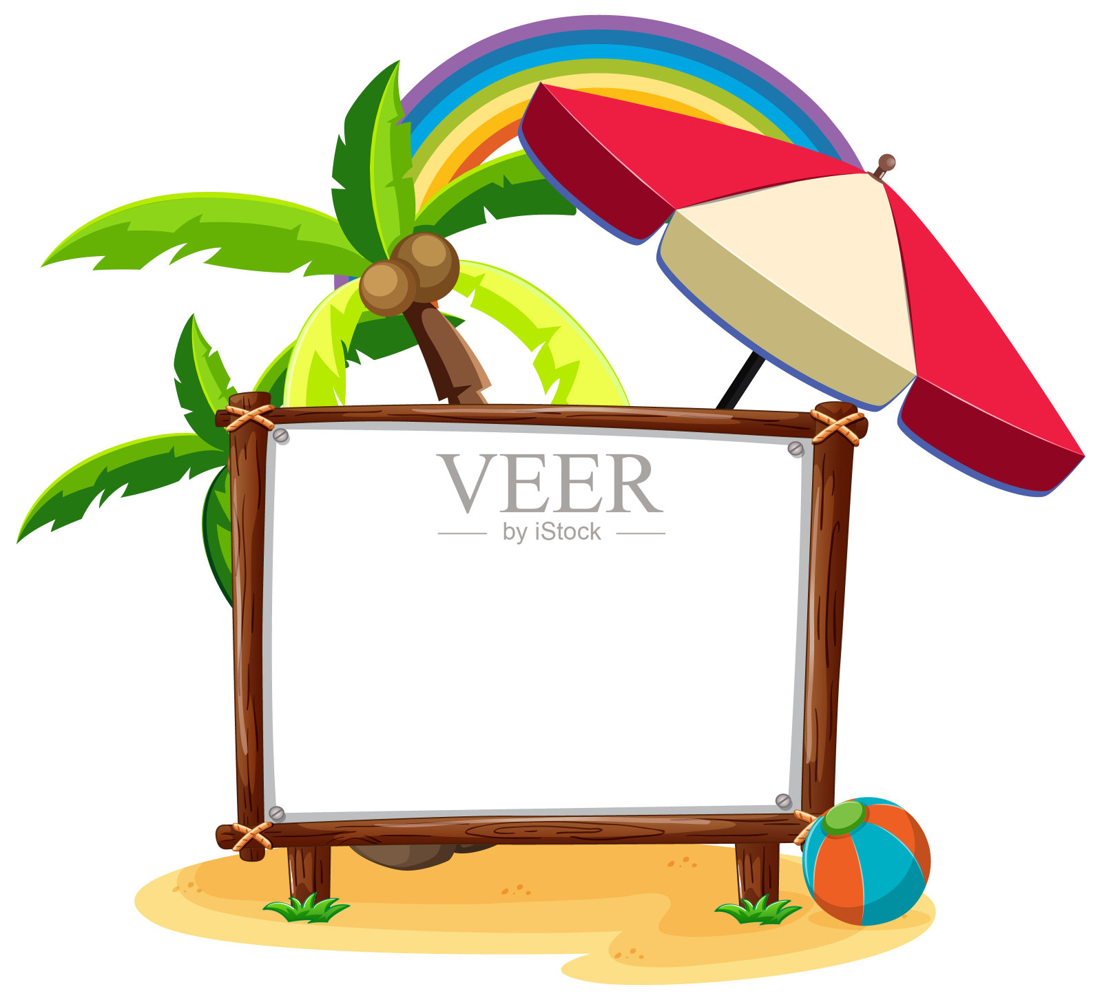 夏季海滩主题与空白旗帜孤立在白色背景插画图片素材