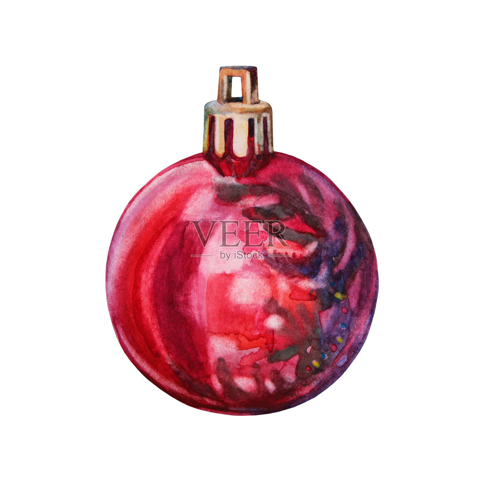 水彩手绘红色闪亮圣诞装饰球孤立在白色背景。为新年，聚会，庆祝，贴纸，墙纸，包装，速写本的创造性玩具剪纸插画图片素材