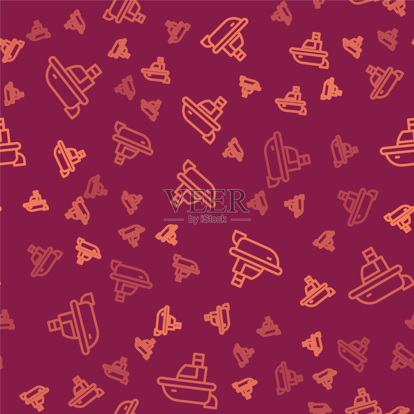 棕色线玩具船图标隔离无缝模式插画图片素材