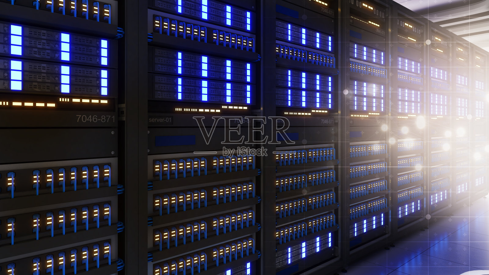 数据中心与多排完全运行的服务器机架。现代电信，人工智能，3d渲染照片摄影图片