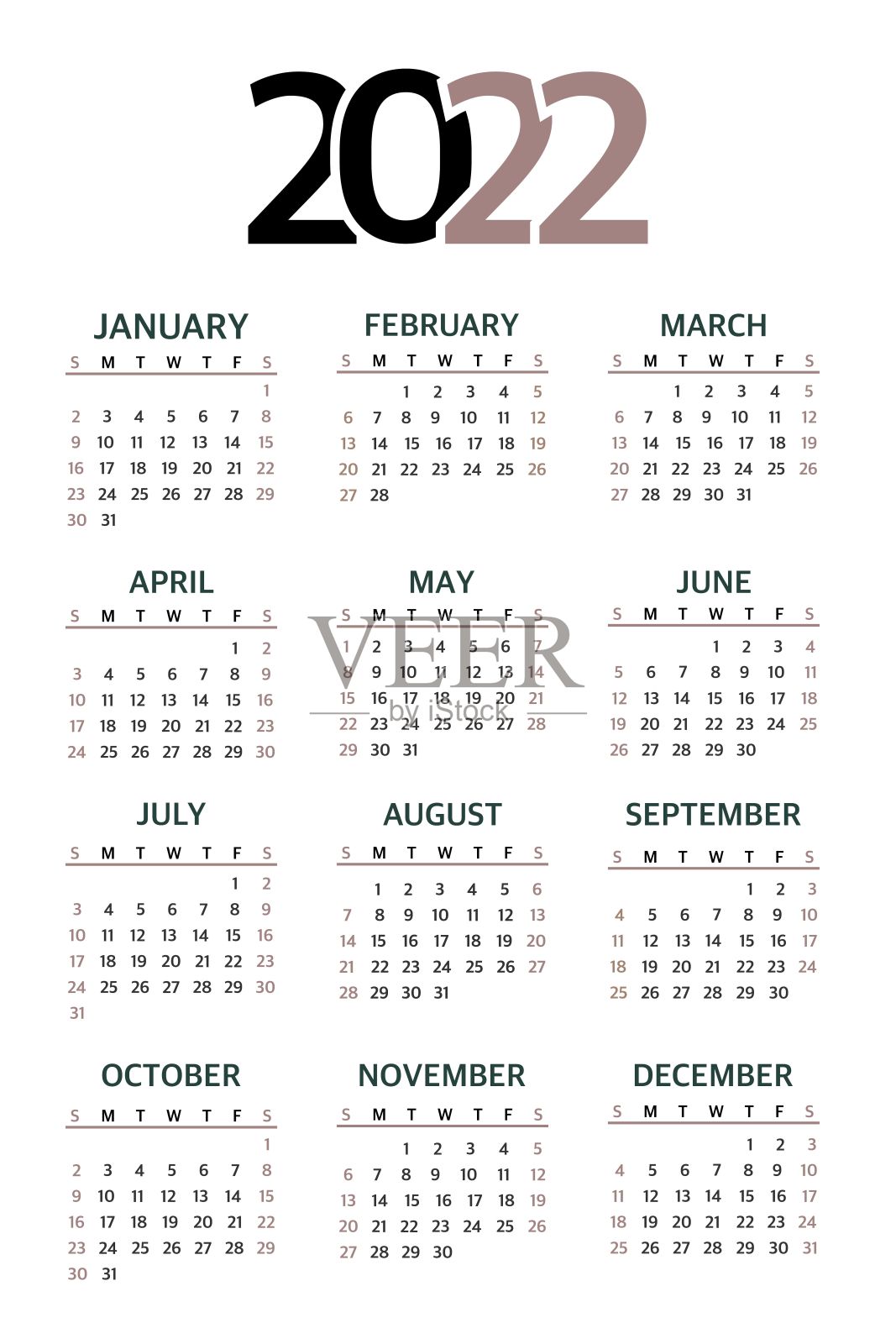 2022年日历时尚摩登。在白色背景上。一套2022年的桌面日历，一个挂历设计，一个计划表，周日开始的一周。矢量插图。设计模板素材