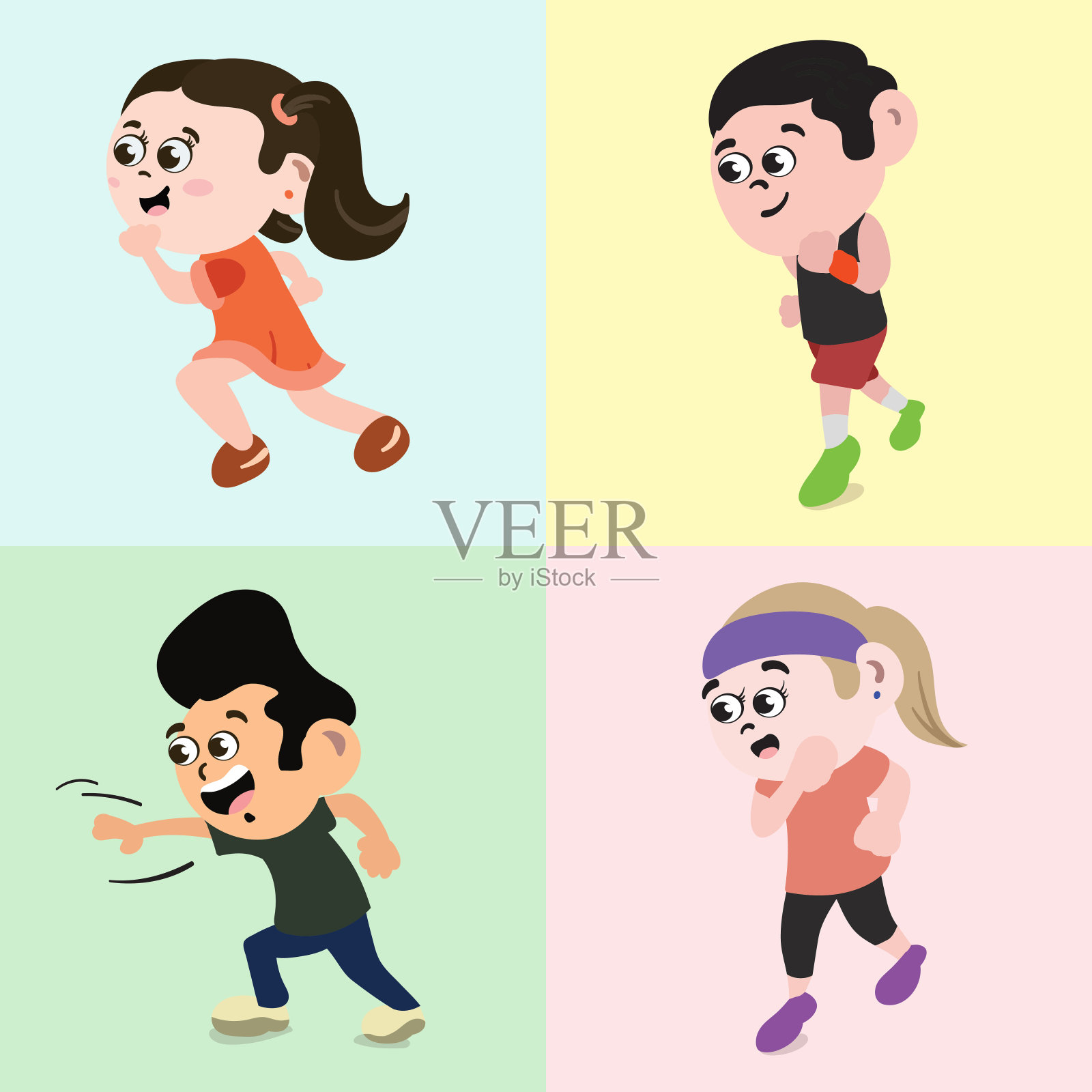 一组人在公园跑步以保持健康。健身狂慢跑女孩和男孩。设计元素图片