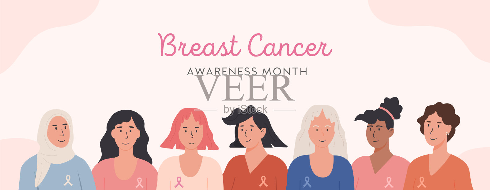 乳腺癌防治宣传月横幅：扁平风格，不同种族女性手持粉红丝带，快乐的癌症幸存者矢量背景插画图片素材