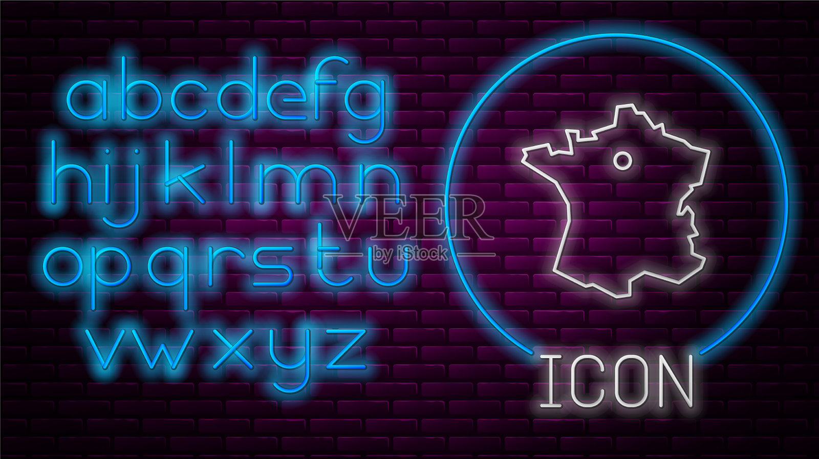 发光的霓虹灯线地图法国图标孤立上插画图片素材