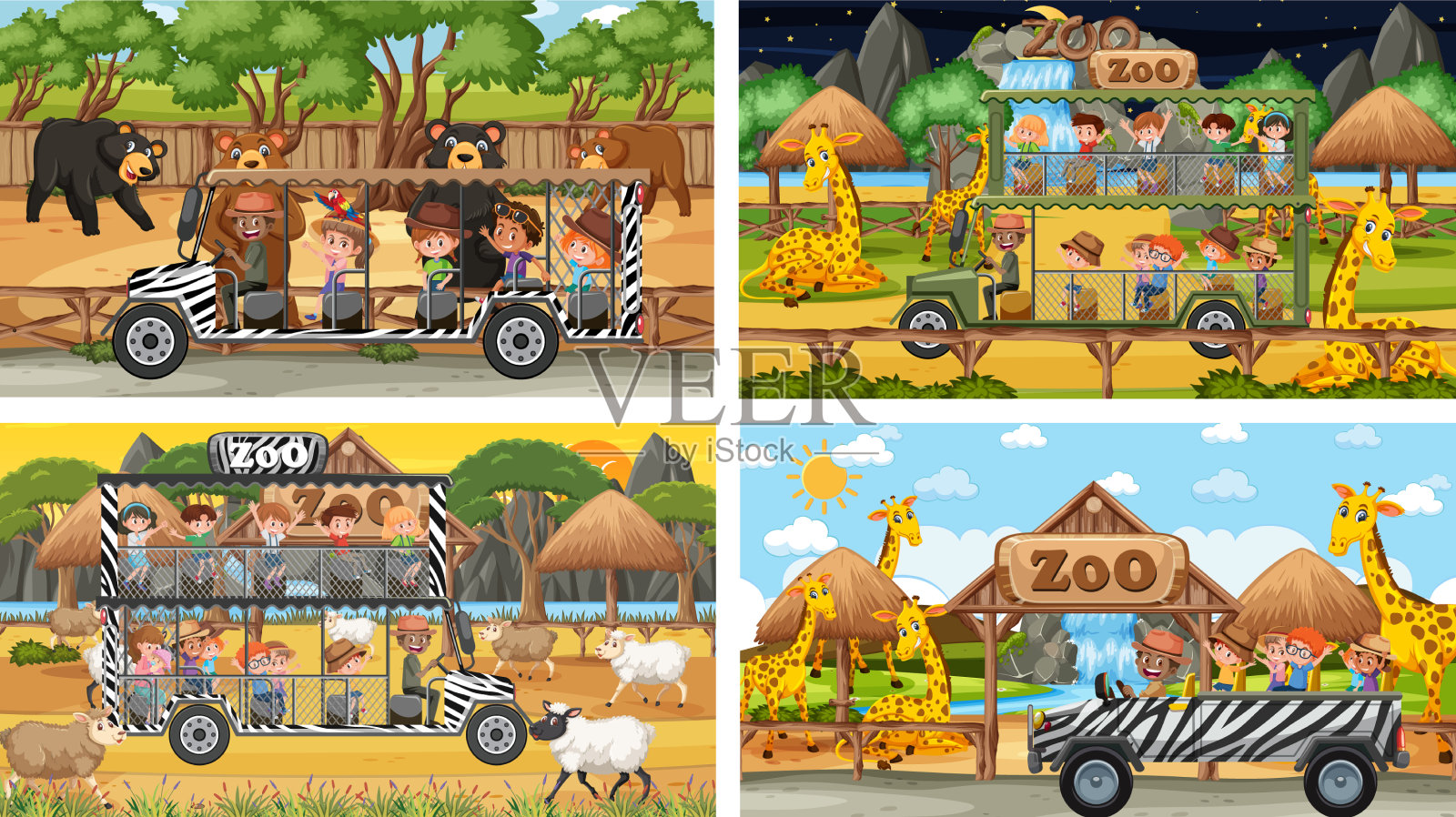 在狩猎场景中设置不同的动物插画图片素材