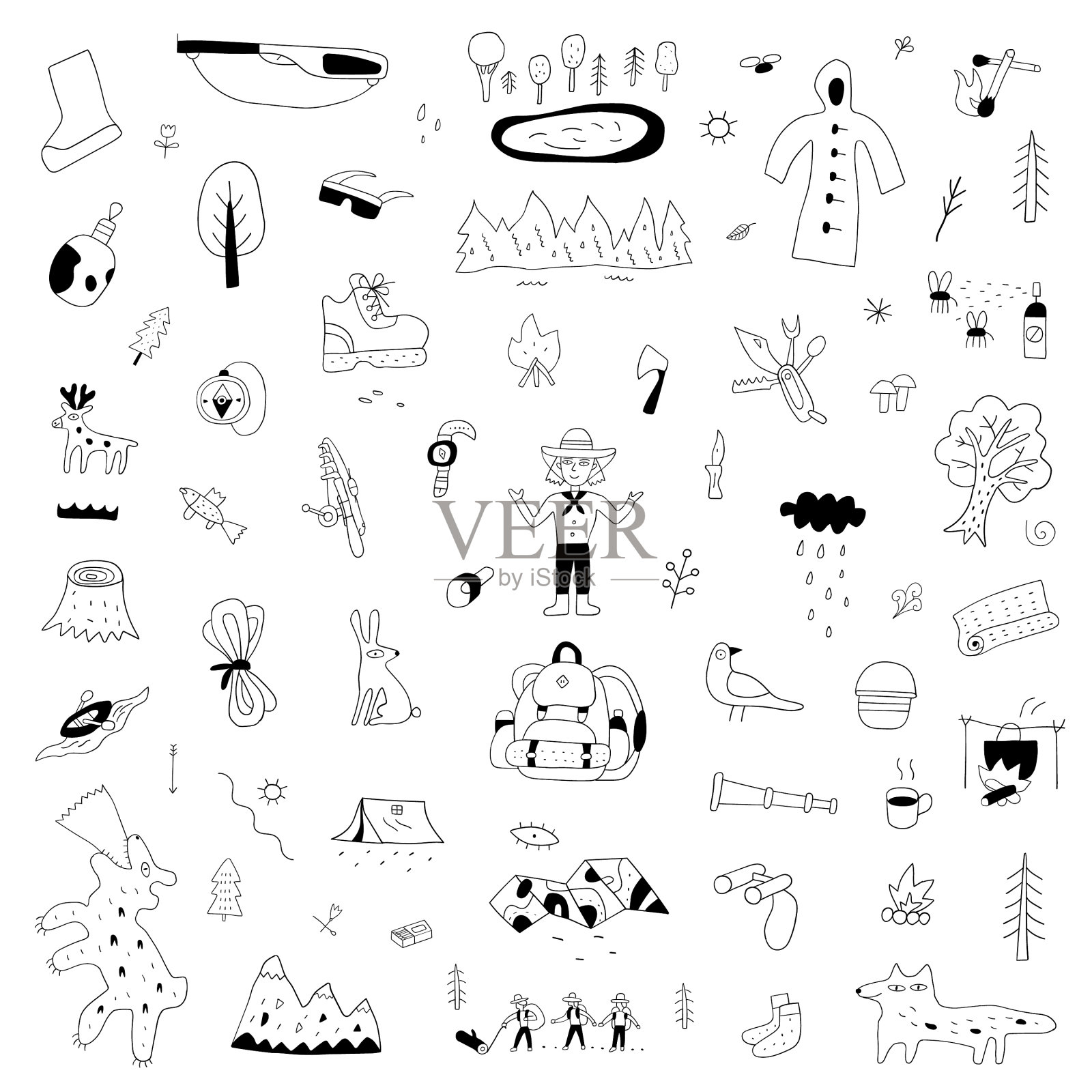 露营手绘涂鸦集孤立的图标集插画图片素材