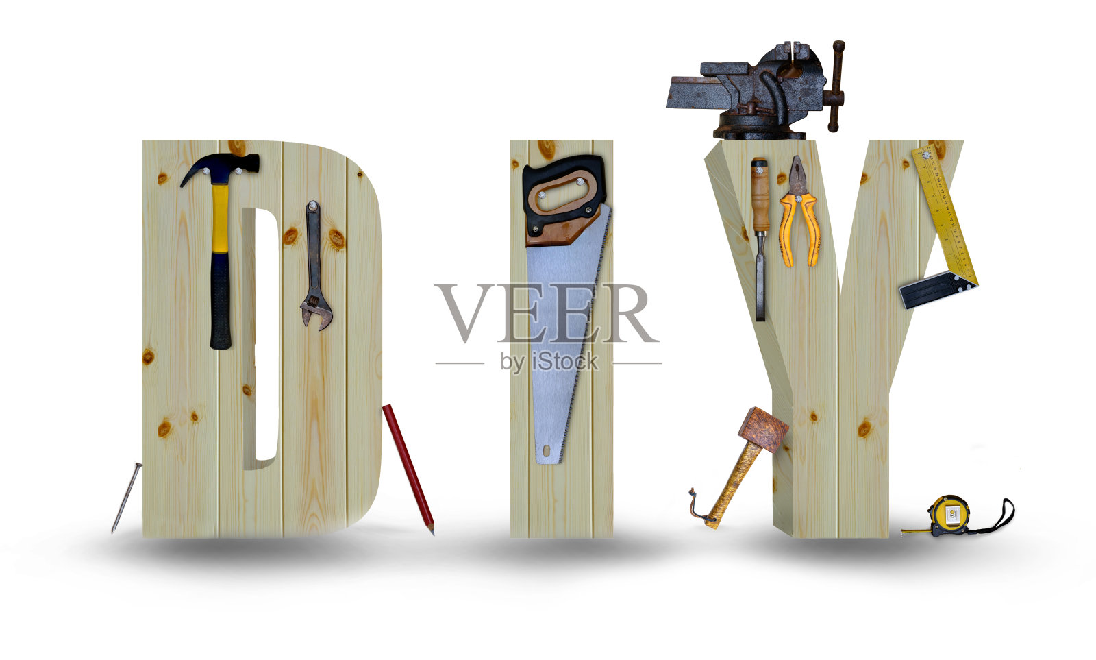 木制的DIY字母与悬挂工具隔离在白色背景上插画图片素材