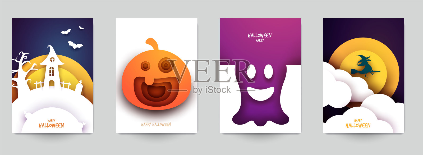 万圣节快乐设计背景。假日收集卡通构图简约现代层风格。设置横幅，海报，传单，邀请卡的模板。矢量插图。插画图片素材