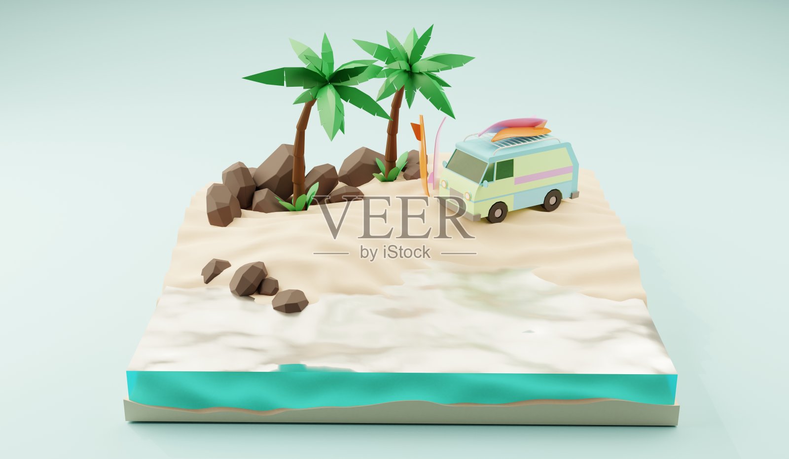 阳光明媚的热带海滩与van和冲浪。三维渲染照片摄影图片