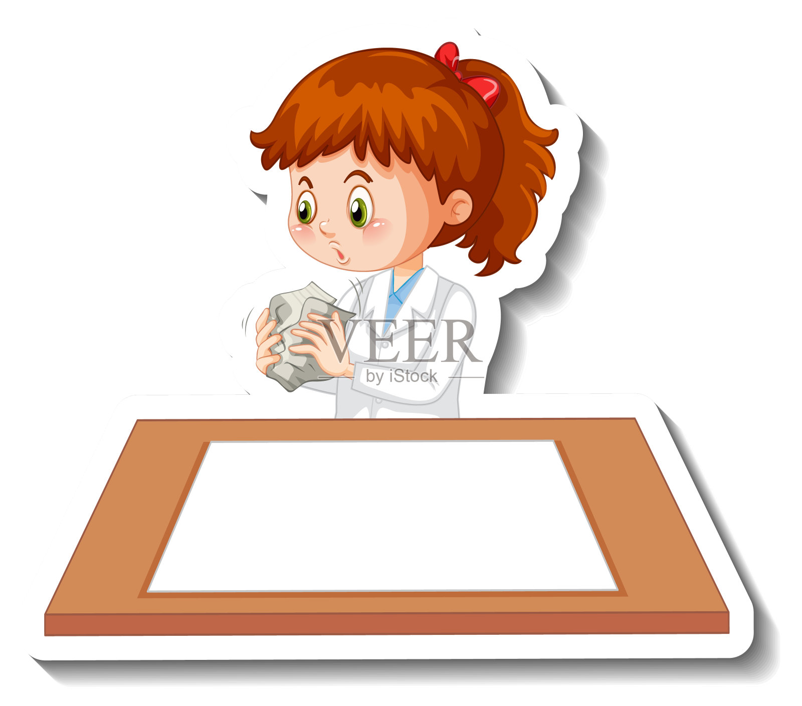 科学家女孩卡通人物与空白的桌子插画图片素材
