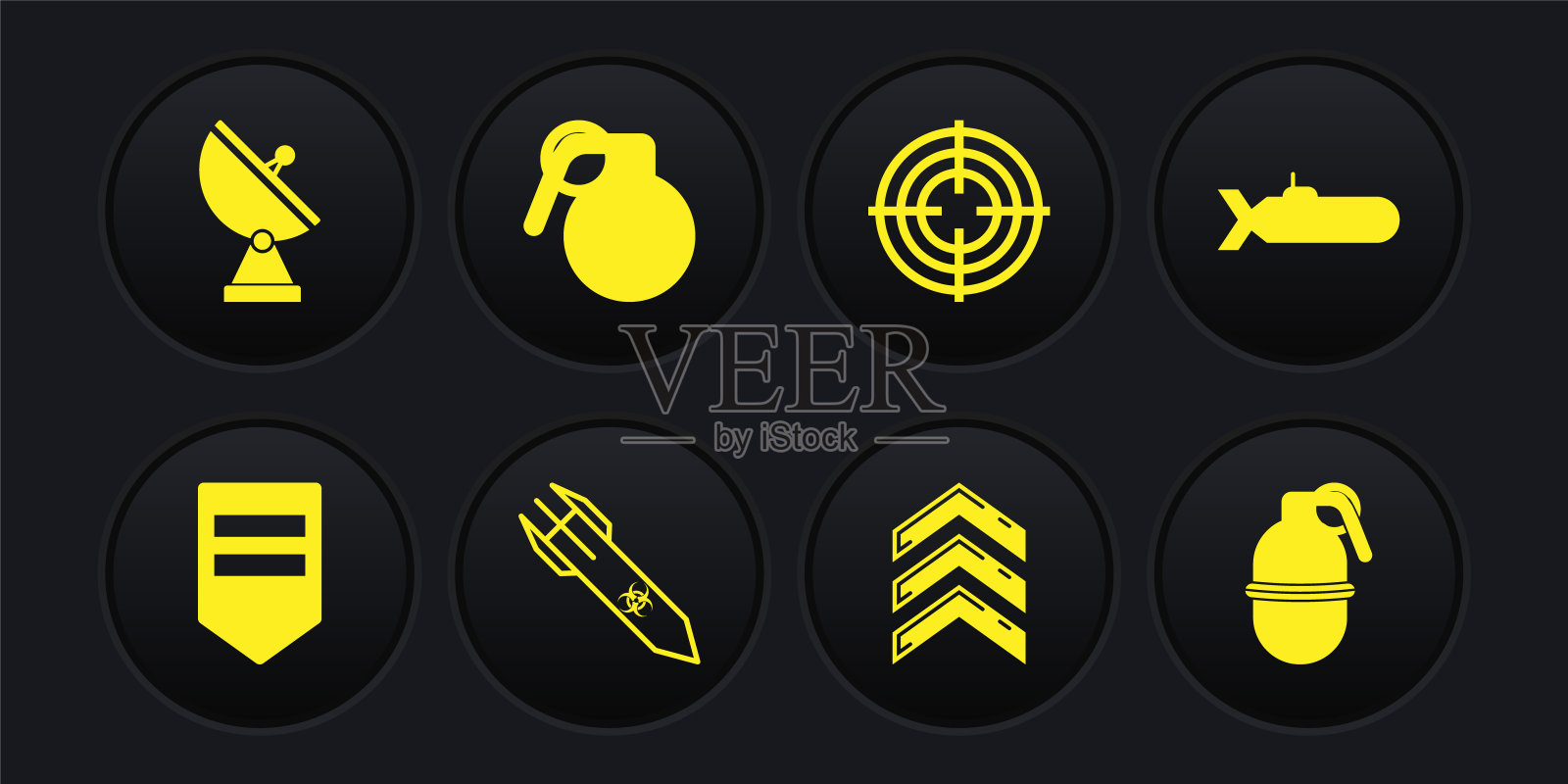 设置雪佛龙，潜艇，生物危害火箭，军衔，目标运动，手雷，雷达图标。向量图标素材