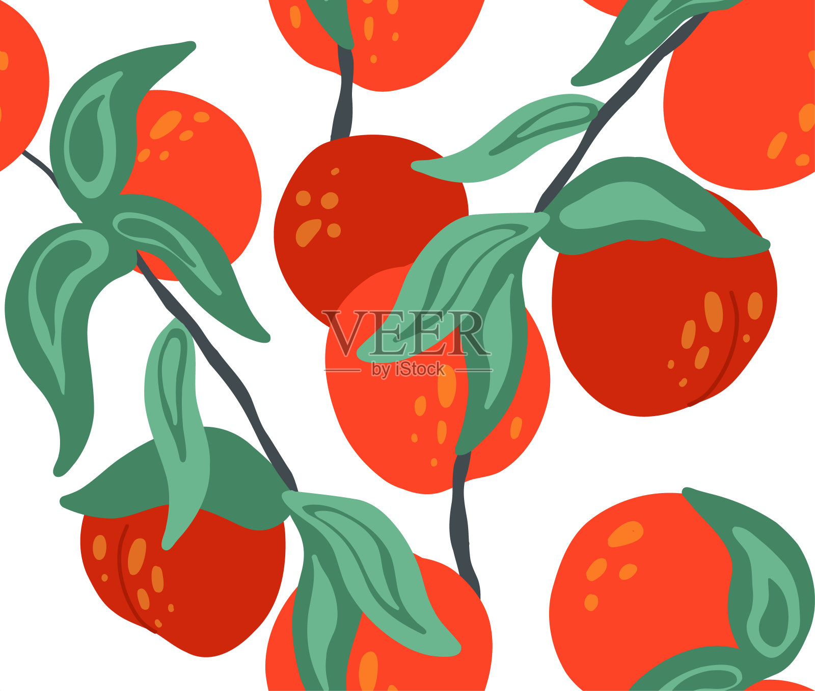 无缝的平面纹理与油桃在枝与叶在白色背景。卡通图案与杏。手绘水果壁纸。向量天然纤维插画图片素材