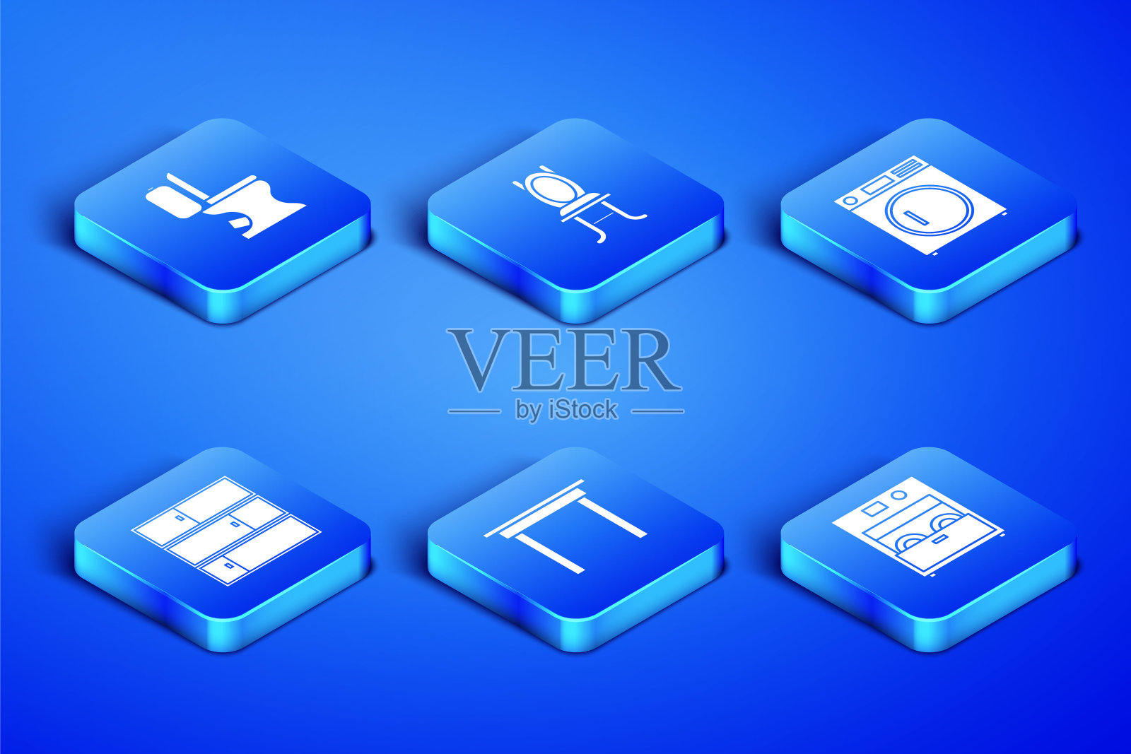 设置厨房洗碗机，马桶，木桌，架子，椅子和洗衣机图标。向量图标素材