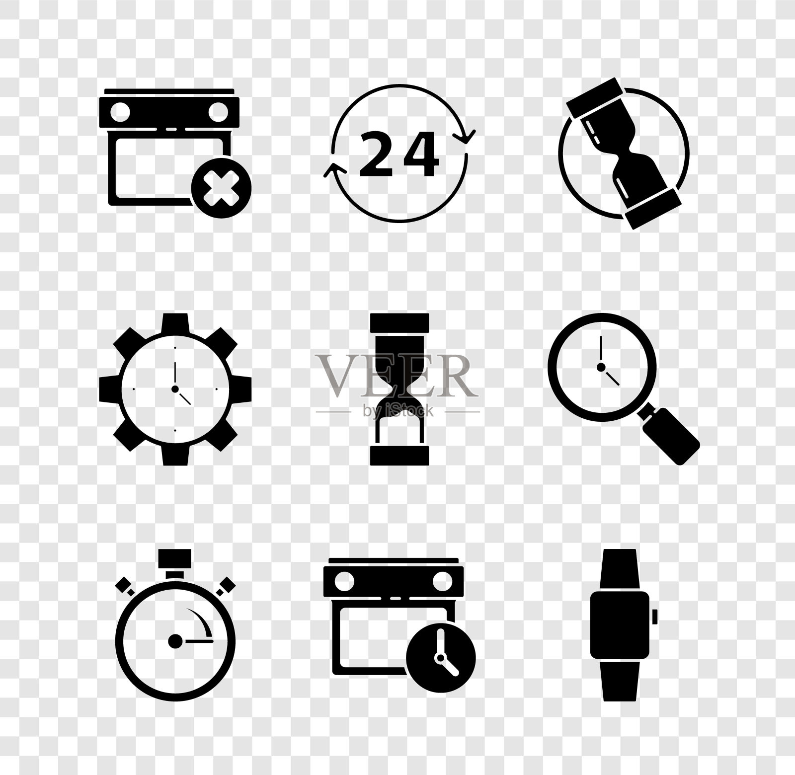 设置日历日期删除，时钟24小时，旧沙漏，秒表，时钟，智能手表，时间管理和图标。向量图标素材