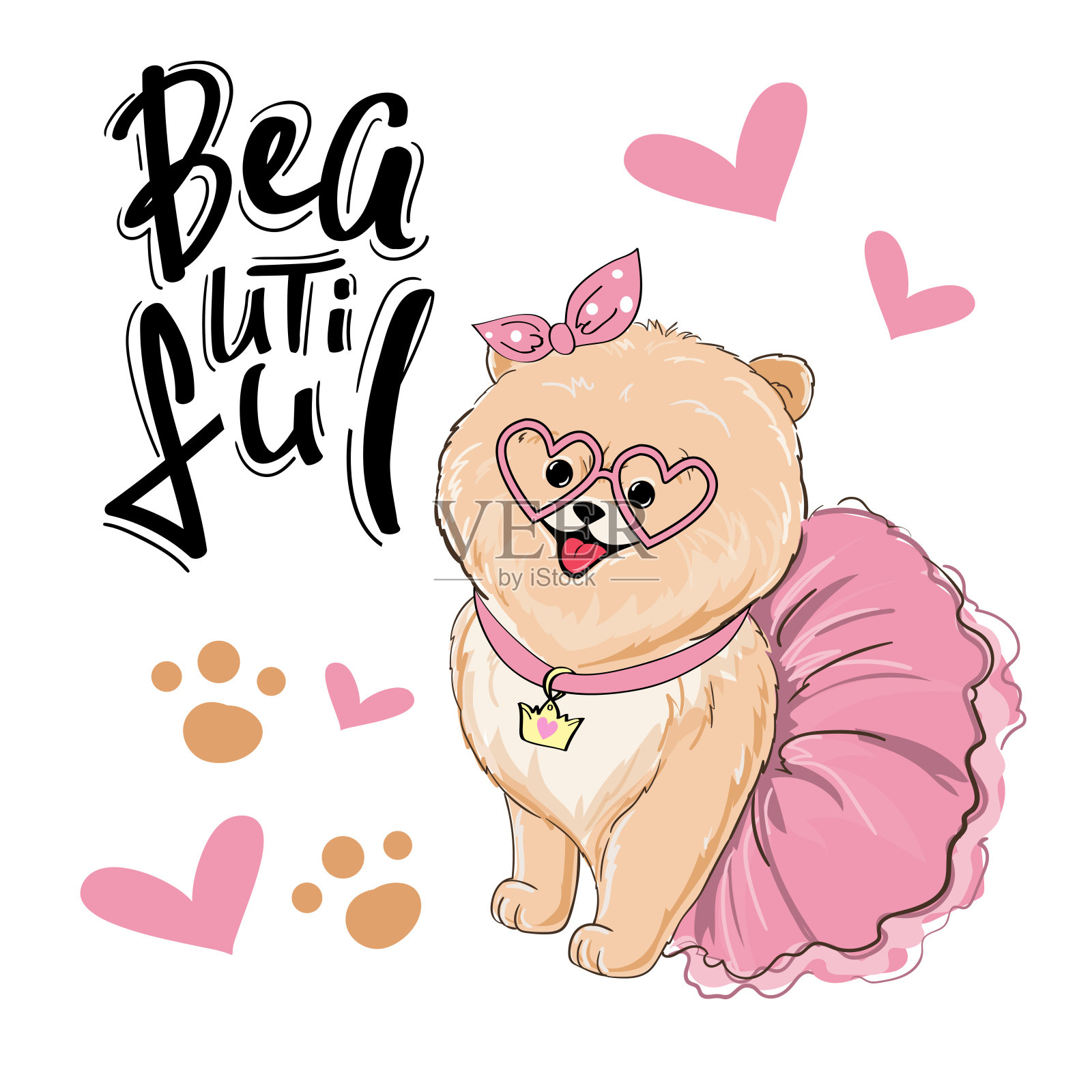 漂亮的小斯皮兹狗女孩和题字漂亮。矢量卡通插图的孩子t恤设计。生日贺卡插画图片素材