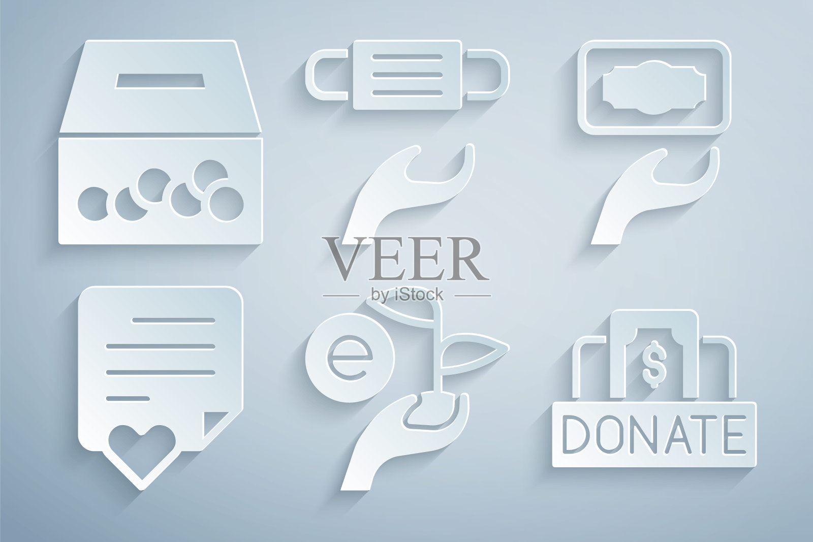 手捧树叶，捐赠慈善，爱心信封，医用防护面具和图标。向量图标素材