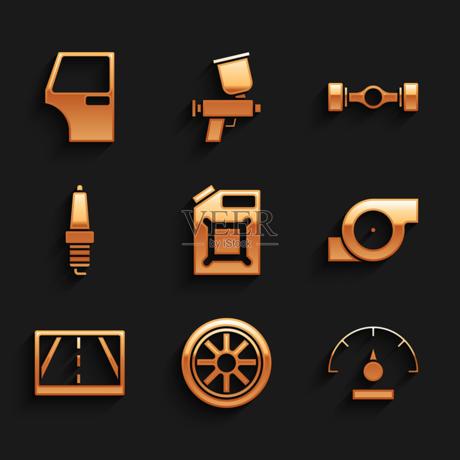 设置汽缸汽油，汽车车轮，速度计，汽车涡轮增压器，Gps装置与地图，火花塞，底盘汽车和门图标。向量图标素材