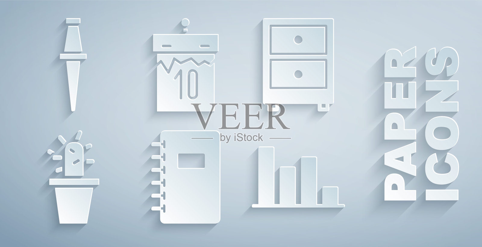 设置螺旋笔记本，抽屉文件，仙人掌和多汁在锅，饼图信息图表，日历和推针图标。向量图标素材