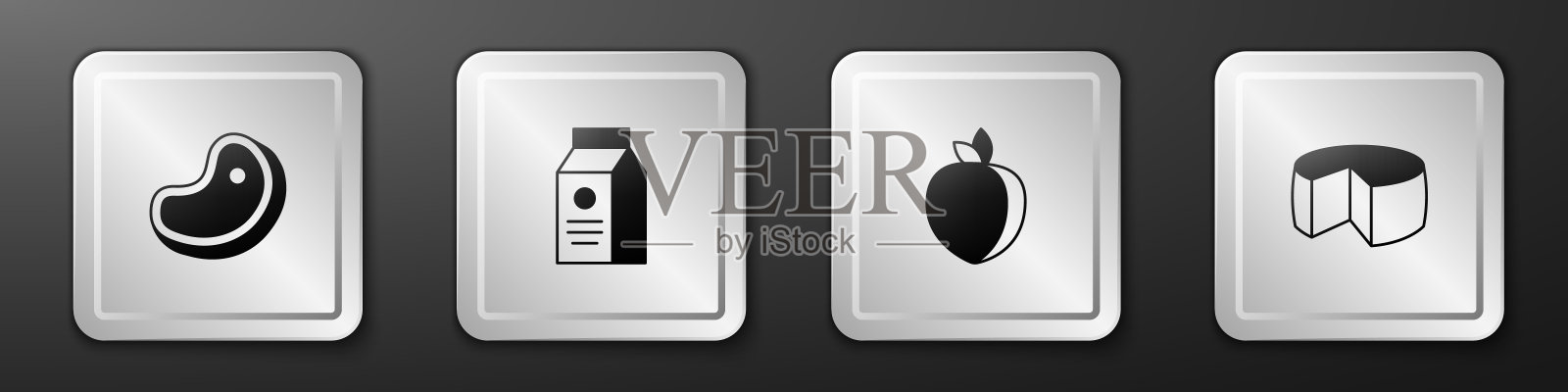 设置牛排肉，牛奶包装，李子水果和奶酪图标。银广场按钮。向量图标素材