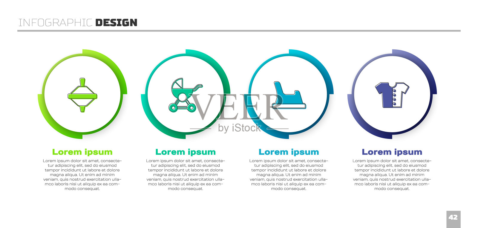集旋转玩具，婴儿车，便盆和t恤。业务信息模板。向量设计模板素材