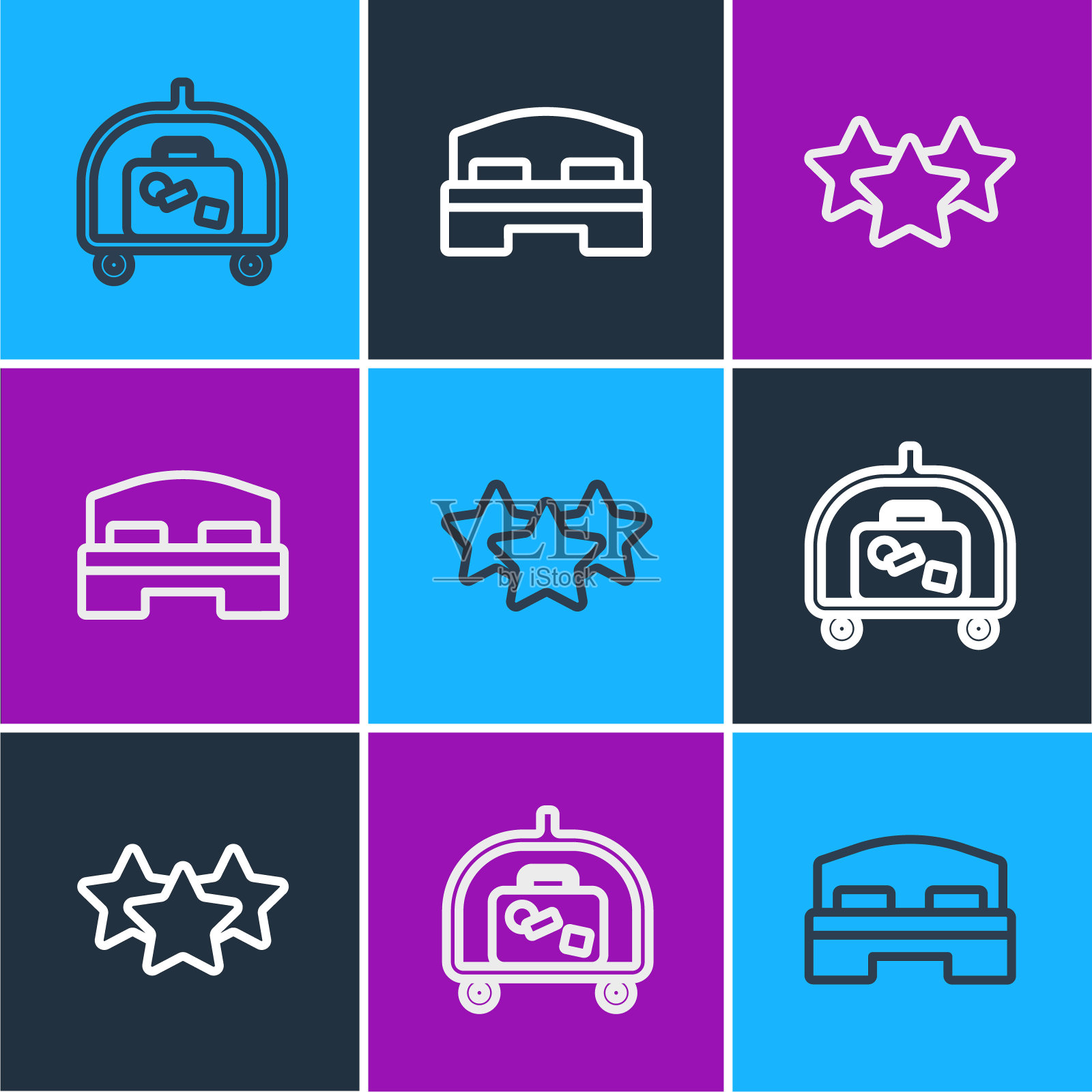 设置酒店行李车，星级和房间床图标。向量图标素材