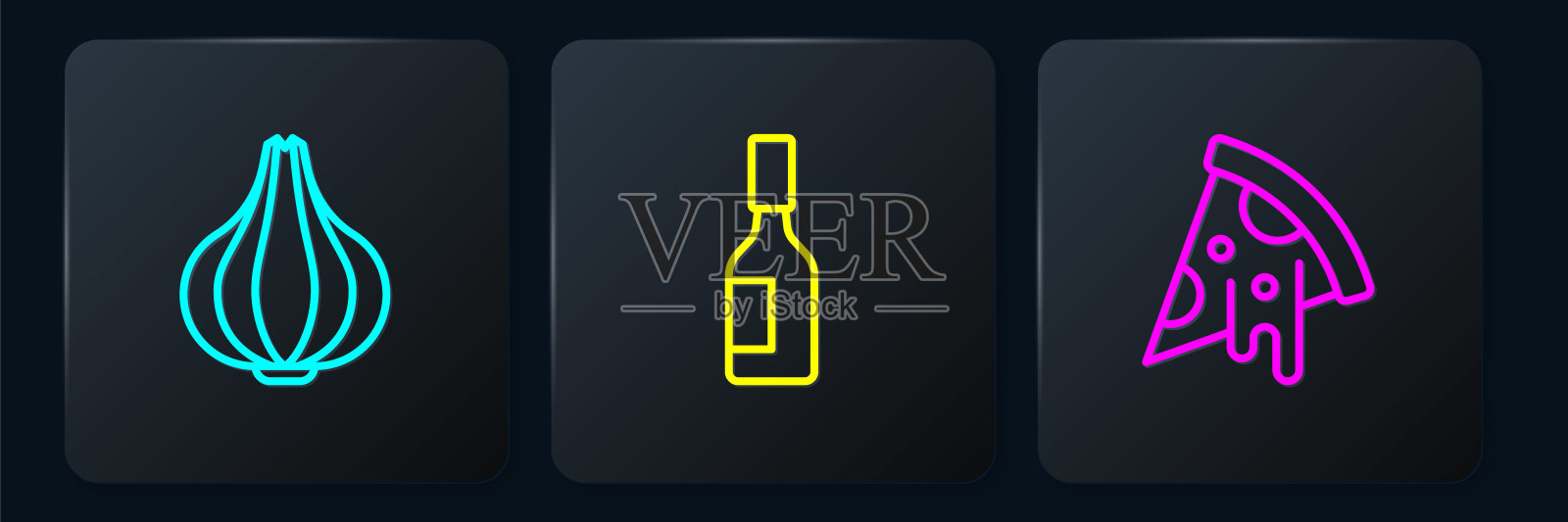 放好大蒜，披萨片和塔巴斯科沙司。黑色方形按钮。向量设计元素图片