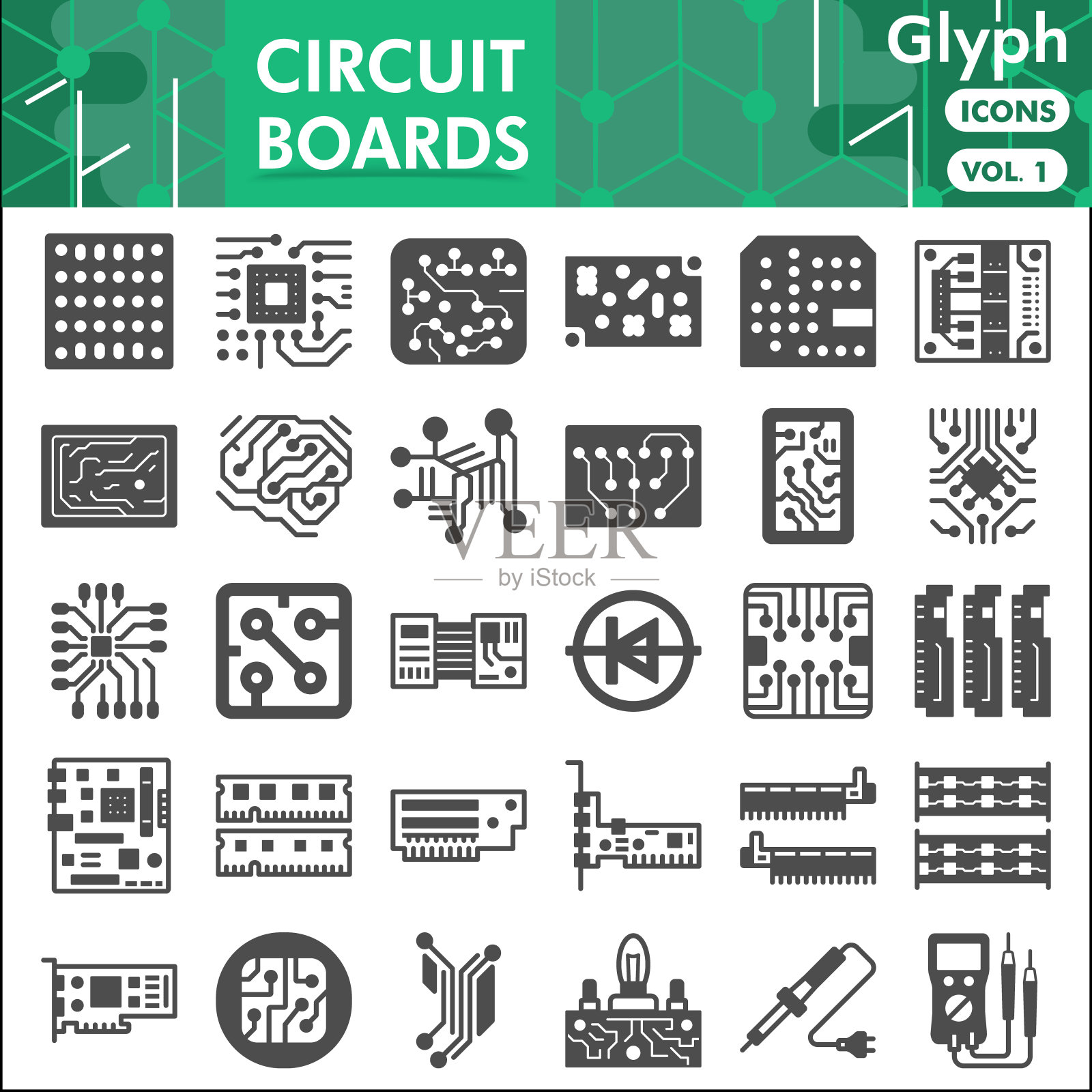 印制线路板线图标集，微晶片符号集或草图。用于网页和应用程序的带有标题线性风格符号的PCB字形。矢量图形隔离在白色背景上。插画图片素材