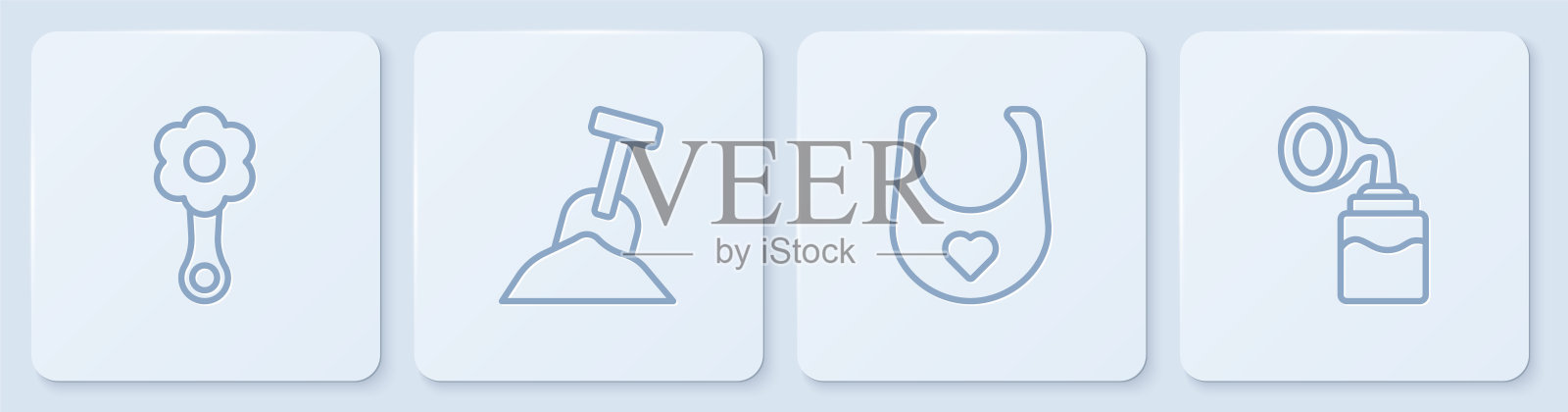 设置线摇铃婴儿玩具，婴儿围嘴，沙盒与沙和铲子和乳房泵。白色正方形按钮。向量插画图片素材