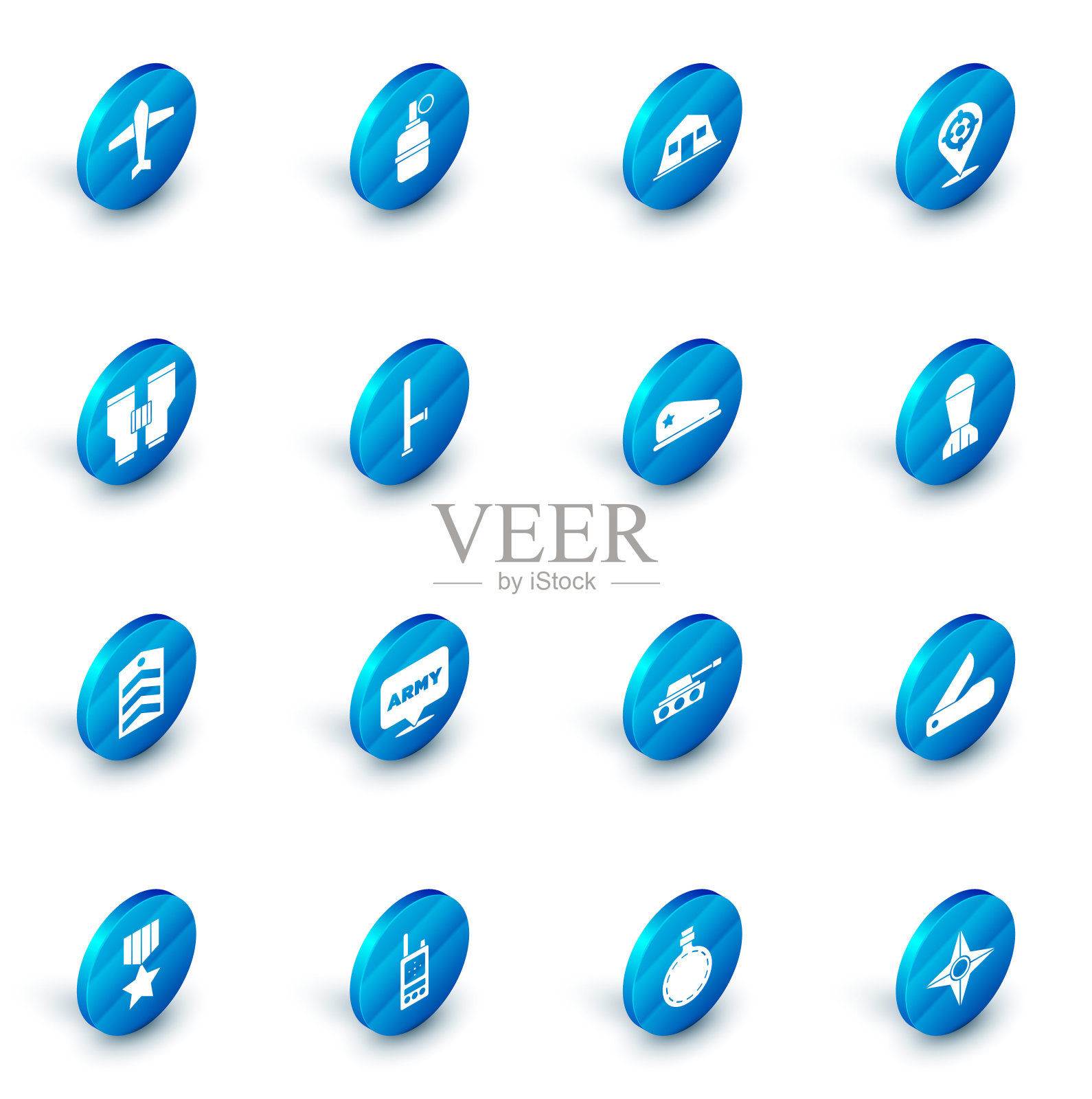 设置手榴弹，军营，目标运动，望远镜，雪佛龙，警察橡胶警棍，航空炸弹和贝雷帽图标。向量图标素材