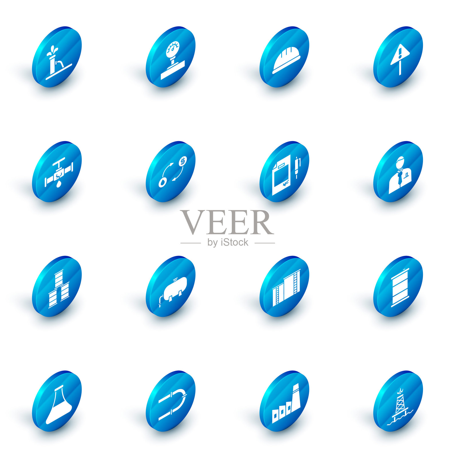 套仪表刻度，工人安全帽，三角形惊叹号，漏水破管，桶油，石油交易所，商人股票市场交易员和合同资金和笔图标。向量图标素材