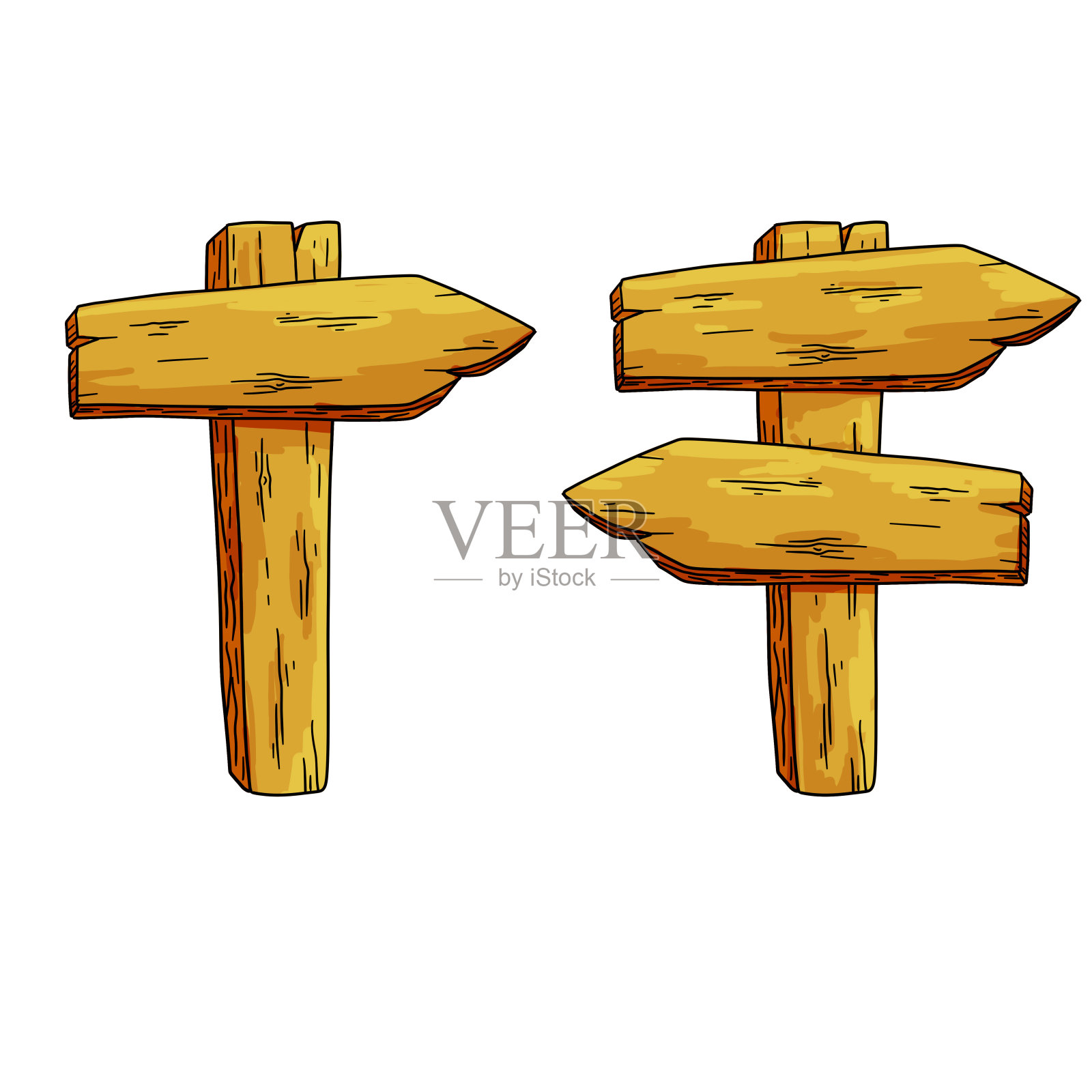 木制的路标。路径和路线。信息索引。棕色的黑板上的路标。一套卡通插图插画图片素材