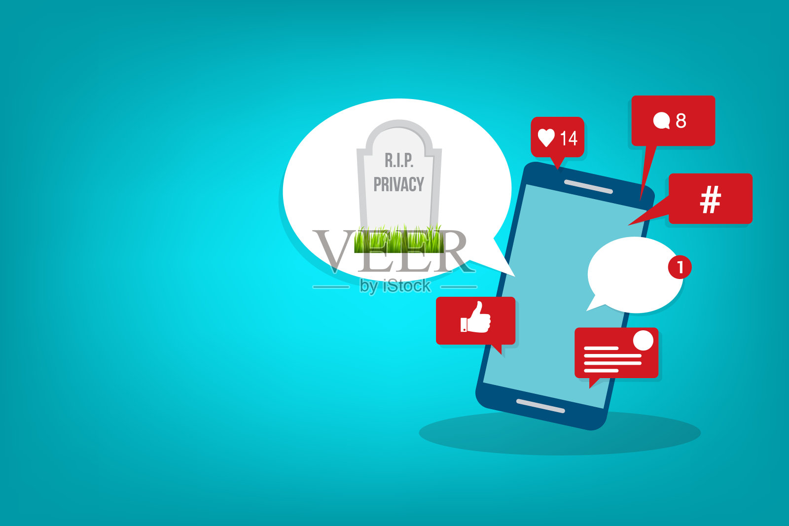 社交媒体概念——病毒式传播的内容、社交活动和短信——手机屏幕上会弹出“赞”、分享和评论，还有一个语音气泡和一个墓碑，上面写着“安息吧”的隐私文字。矢量图插画图片素材