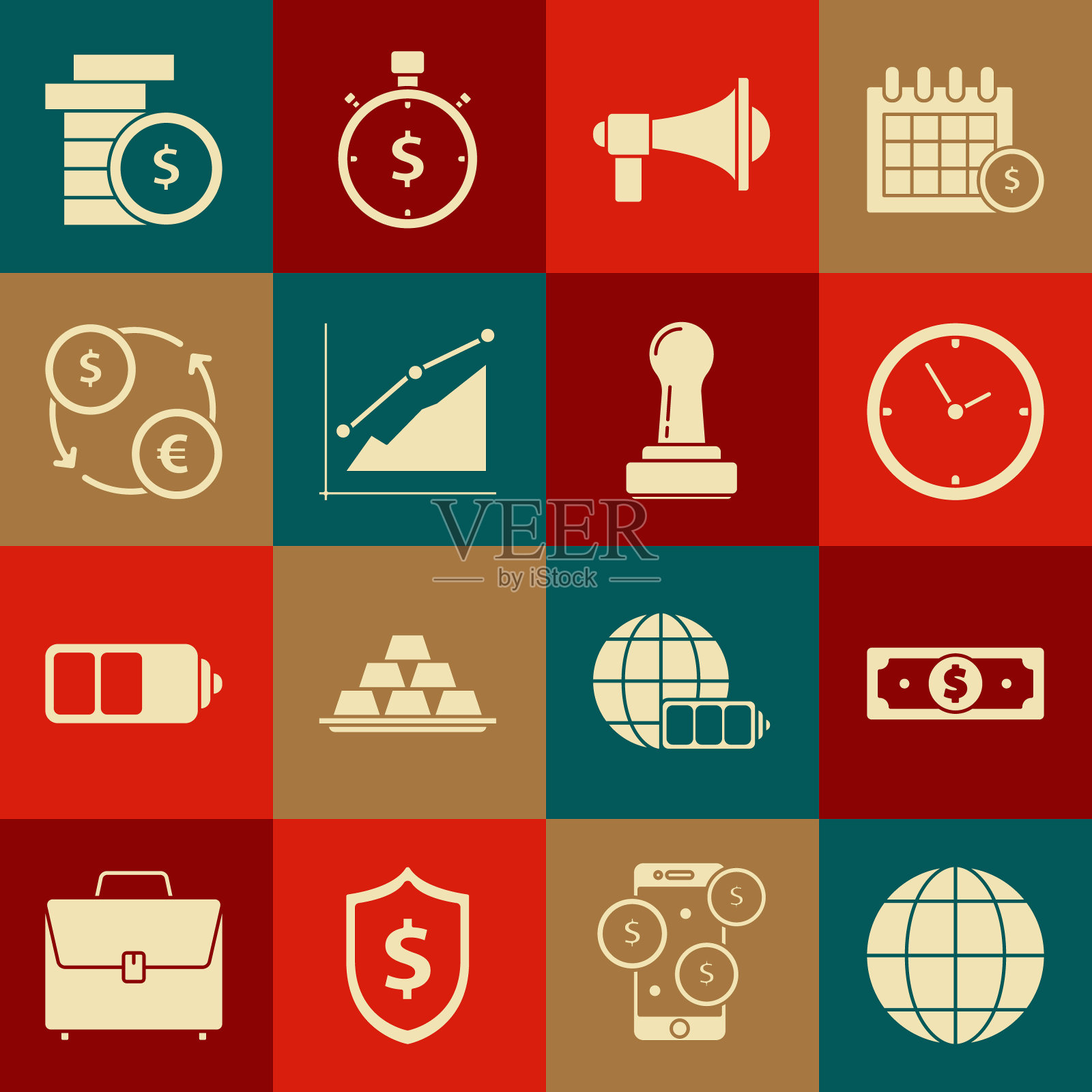 设置地球地球，堆栈纸币现金，时钟，扩音器，饼图信息图，货币兑换，硬币与美元符号和邮票图标。向量图标素材