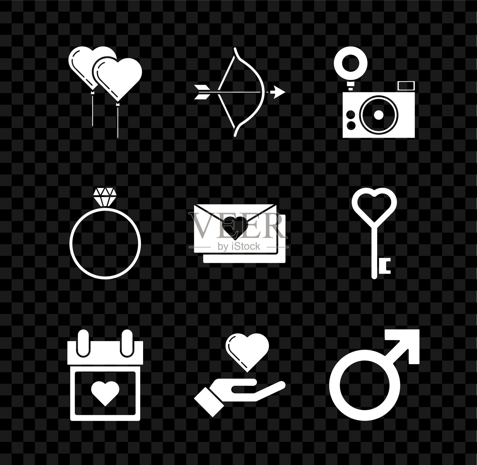 气球心形与丝带，弓箭，相机，日历，心形手，男性性别象征，钻石订婚戒指和信封情人节图标。向量图标素材