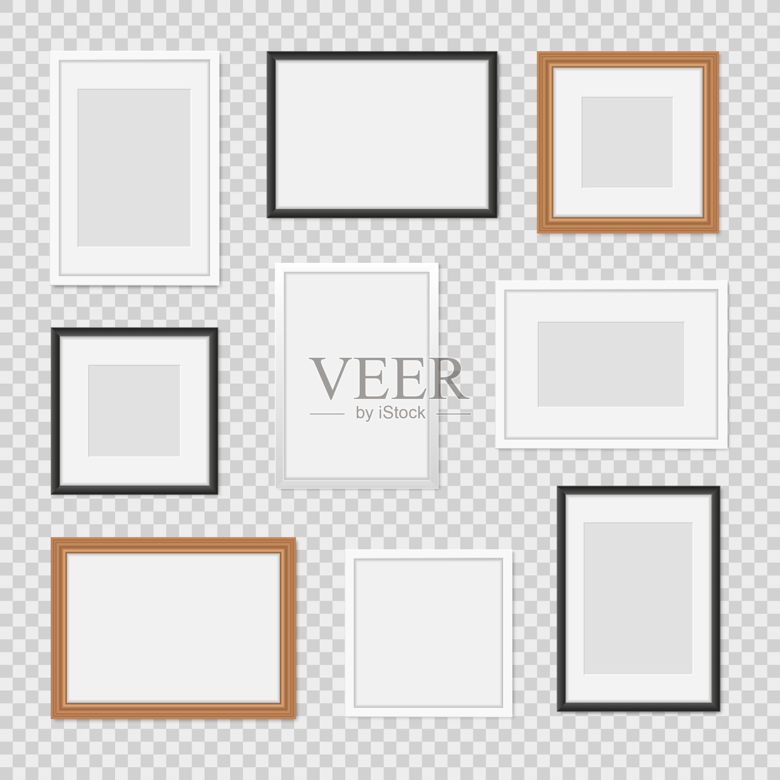 现实的图像帧。简单的墙画边框，现代极简的框架风格，不同类型的法棍配路路通。向量组插画图片素材
