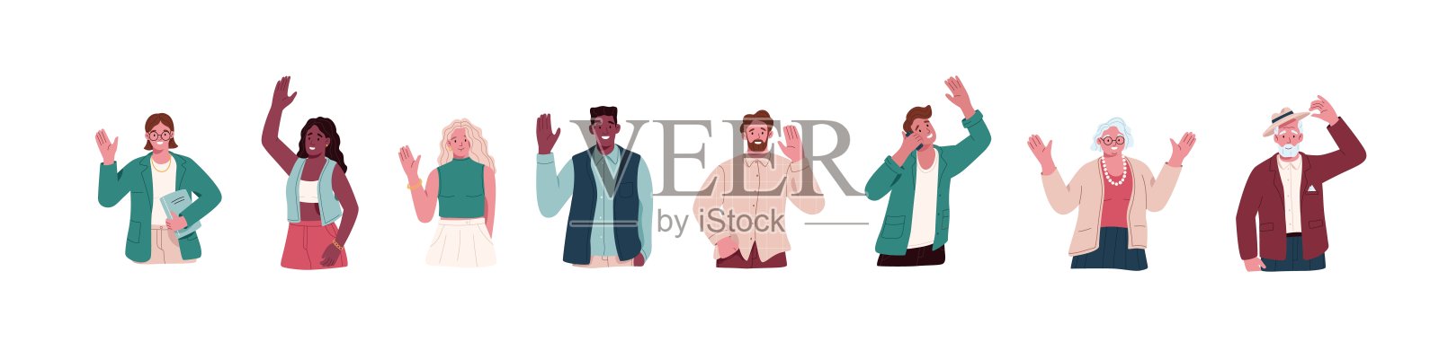 一组欢迎和欢迎smb的人。挥舞着双手，戴着帽子。快乐友好的男男女女打着手势说你好。彩色平面矢量插图孤立的白色背景插画图片素材