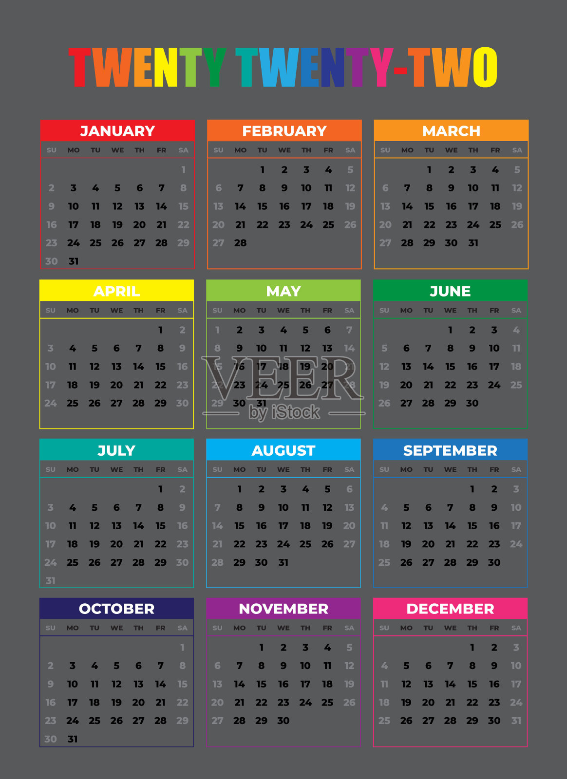 2022年周日开始日历设计模板素材
